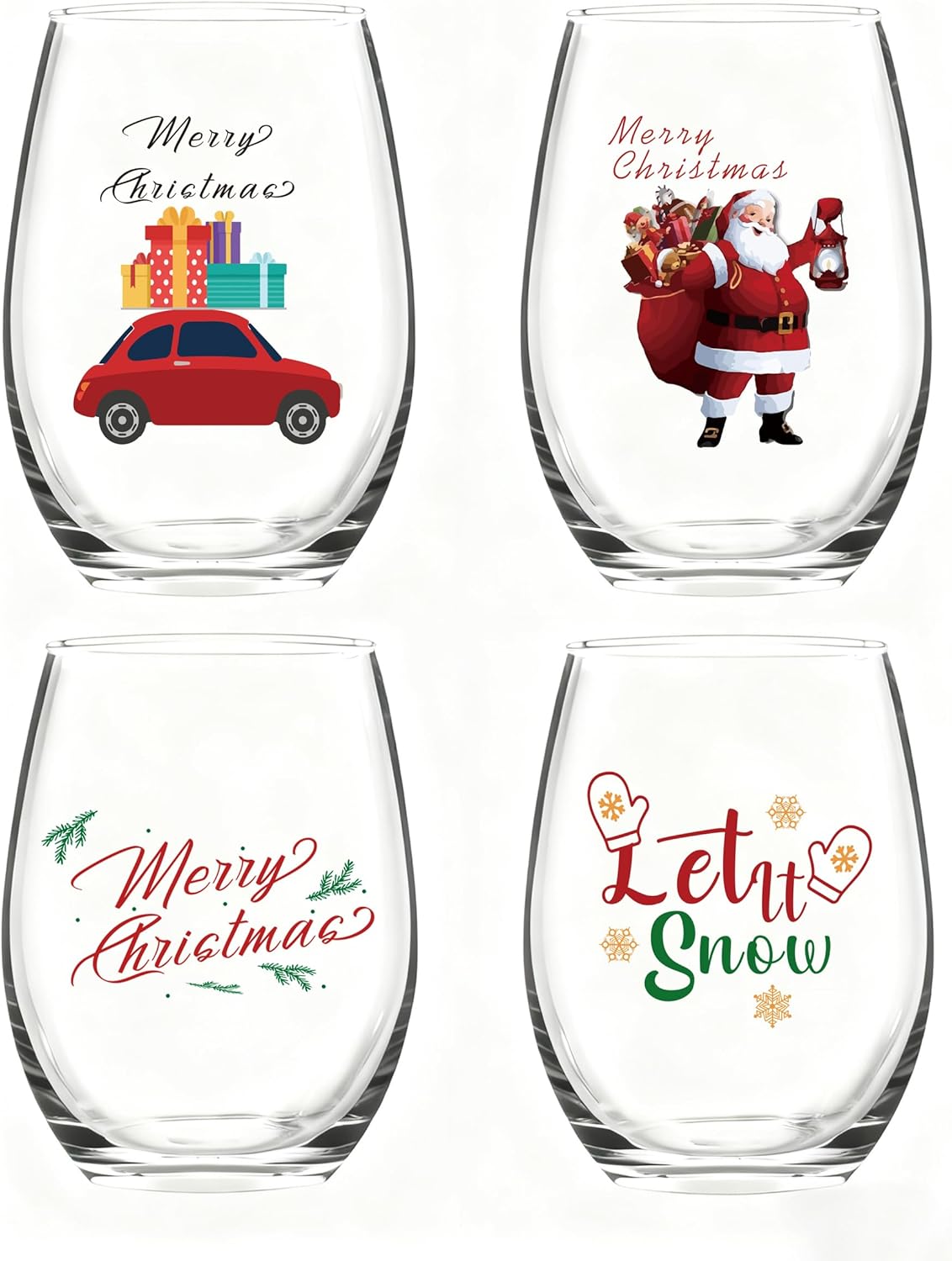 Slugeren Merry Christmas Decor - Set of 4 Stemless Wine Glasses 17Oz, Xmas Party Decor Snowman Gift Box Wine Glass, Let It Snow Wine Glass for Friends Family