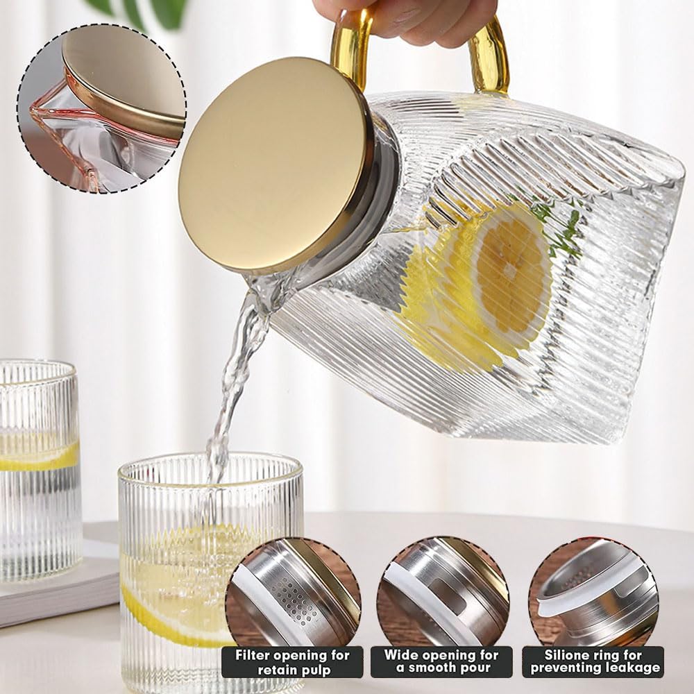 Glass Pitcher with Stainless Steel Gold Lid - 1.8L Ideal Fridge Door Water Pitcher for Hot or Cold Beverage, Iced Tea, Juice, Milk, Coffee, Lemonade - Image 4