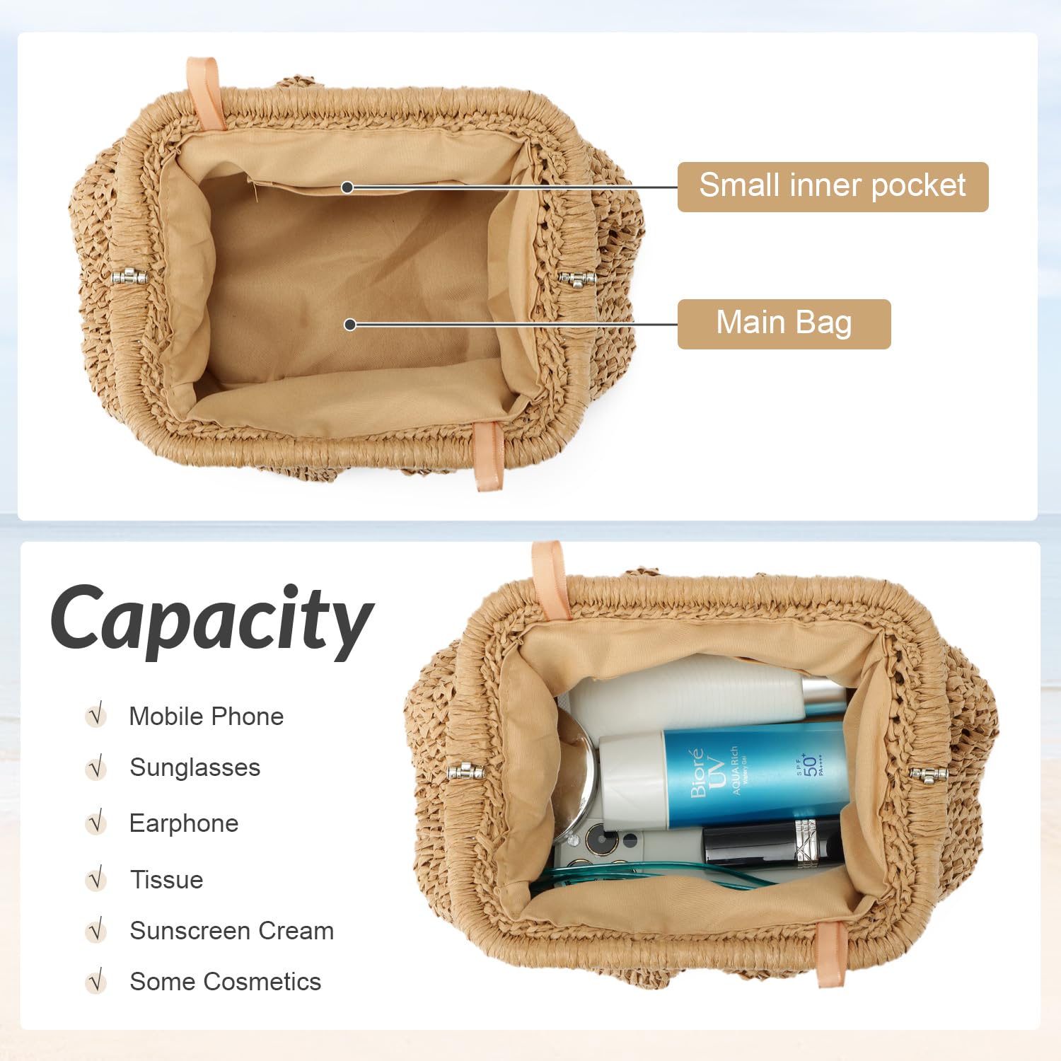 Freie Liebe Bolsos de mano de paja para mujer, bolso pequeño tejido de bola de masa hervida, bolso de mano de mimbre para verano, playa, bolso cruzado