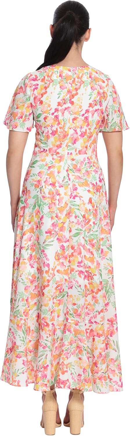 London Times Women's Short Flutter Sleeve Faux Wrap High-Low Maxi Dress with Cascading Flounce - Image 4