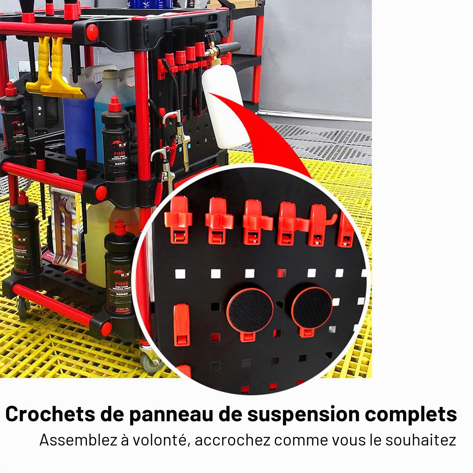 Chariot de nettoyage de voiture avec roues, chariot de lavage de voiture à 3 niveaux avec plaque de suspension latérale et crochets, pour mécaniciens et détaillants lors des réparations de voiture