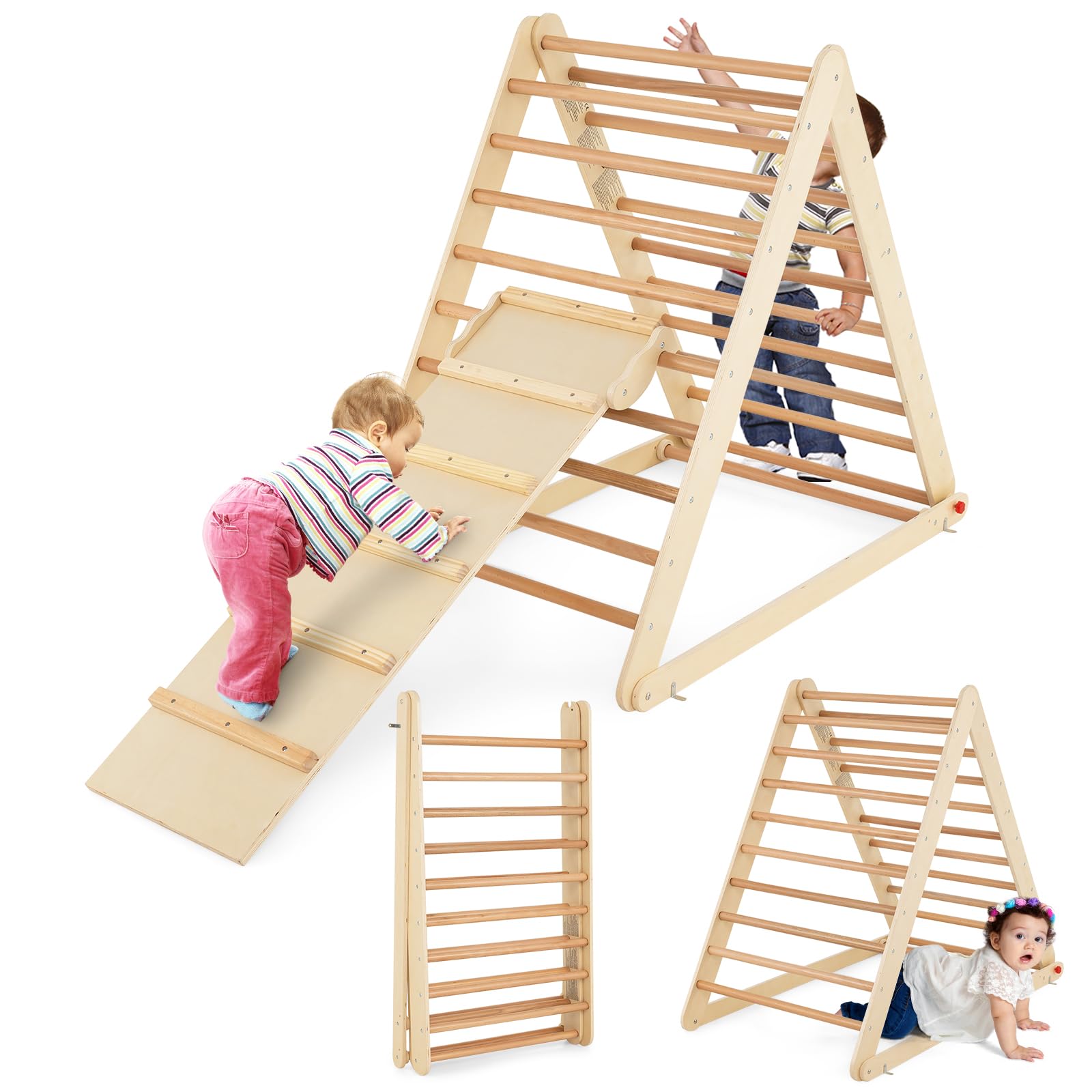 COSTWAY Escalera de Madera Triangular, Escalera Triangular Plegable con Rampa para Escalar y Deslizar, Escalera de Interior con Estructura Triangular para Casa Guardería para Niños y Niñas (Natural)