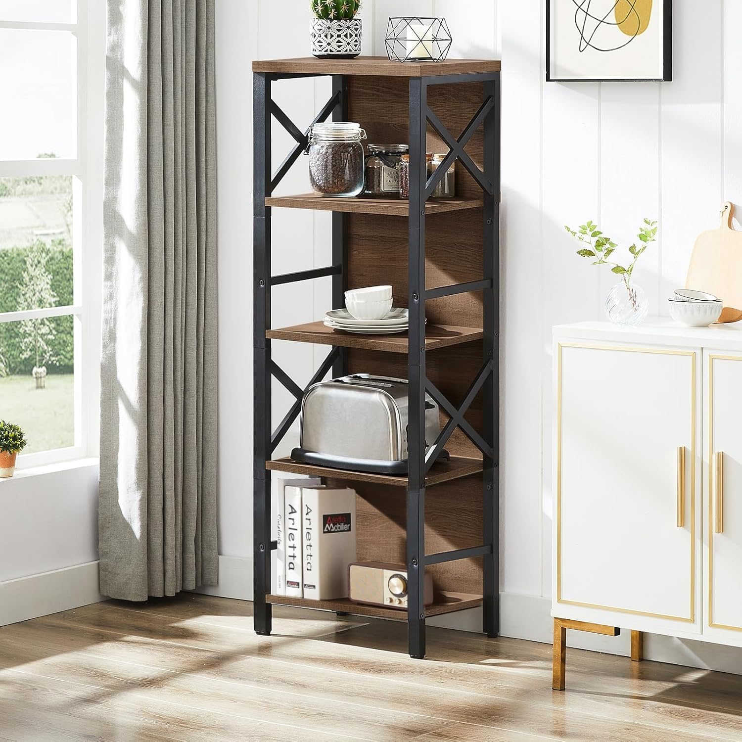 MNEETRUNG Small Bookshelf,5 Tier Industrial Bookshelf with Metal Frame and Backboard,Narrow Rustic Brown Book Shelf,Book case for Small Spaces,Living Room,Bedroom and Home Office