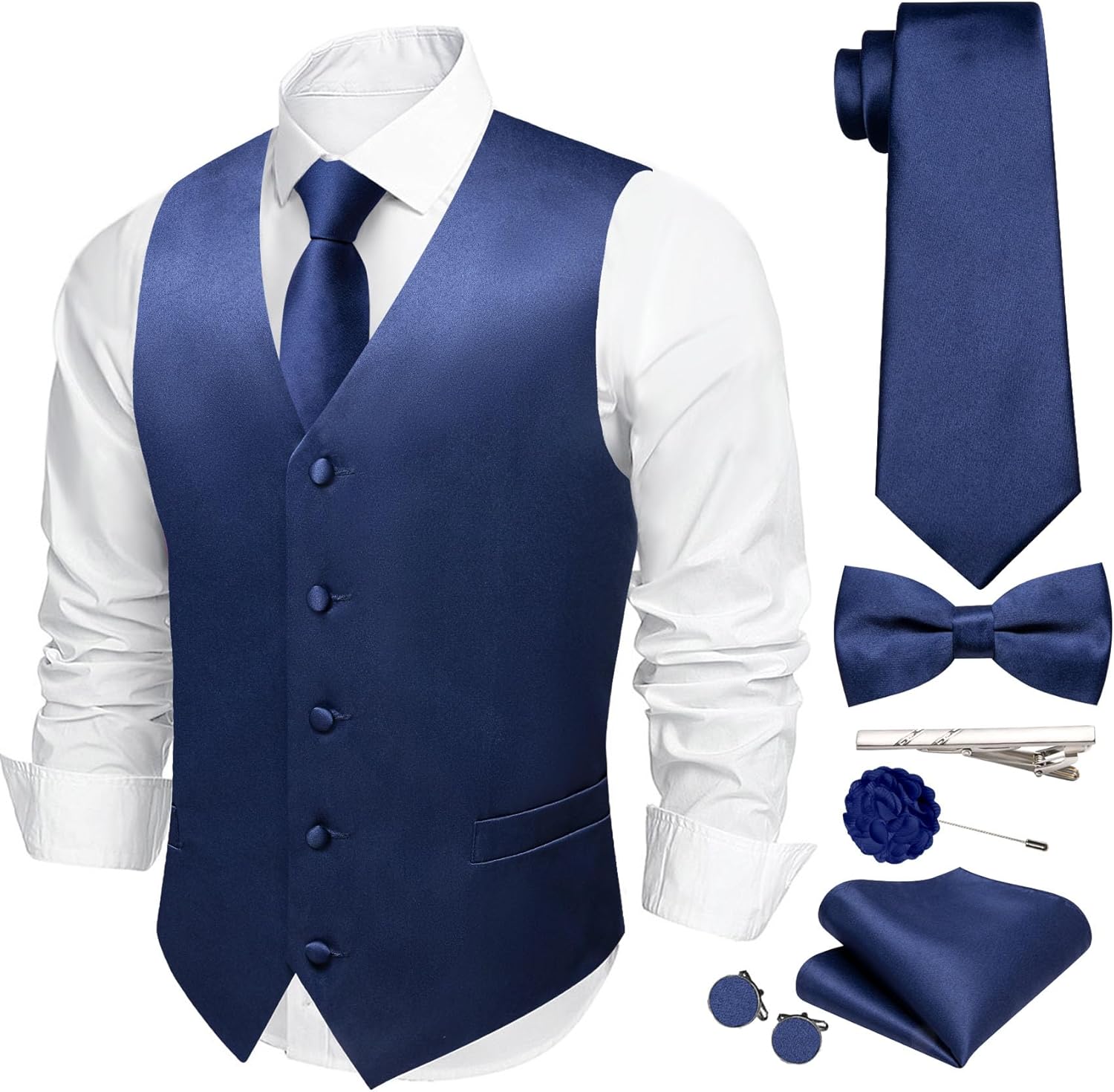 Men's Vest Tie Set Bow Tie Satin V-Neck Solid Colors Suit Waistcoat Cufflinks hanky Formal Wedding Business Tuxedo