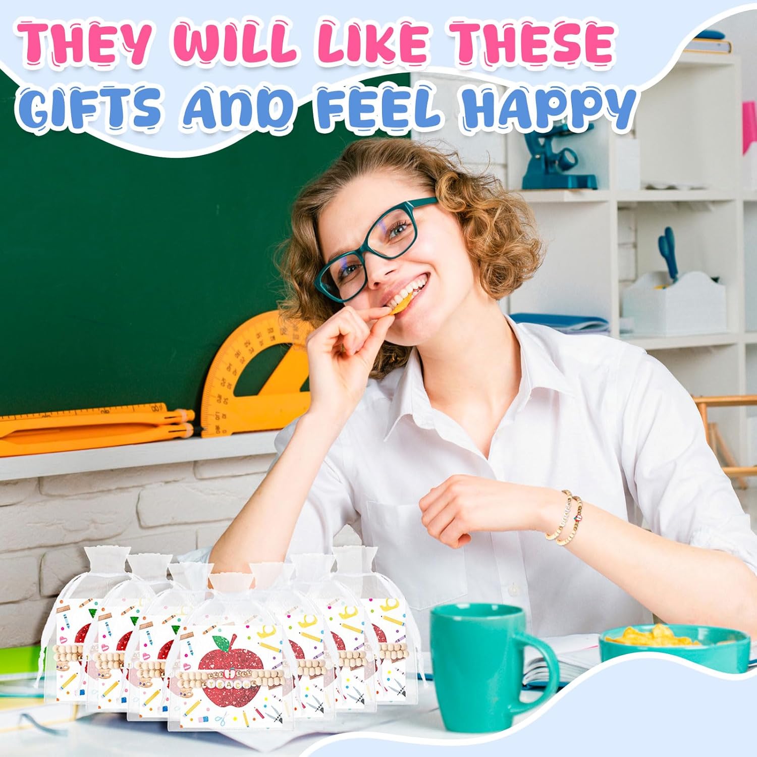 Cunno 12 Sets Christmas Teacher Appreciation Gifts Thank You Teacher Gifts Apple Shaped Bracelets Wooden Beaded Bracelets Set with Card for Women Men Jewelry - Image 4