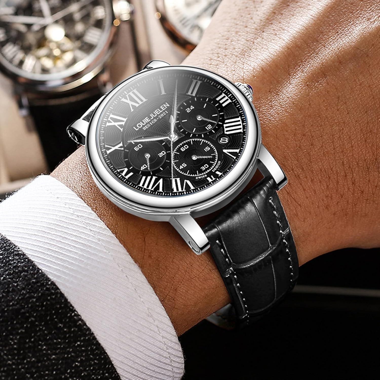eYotto Men's Stylish Business Watch, Multifunction Quartz Movement Chronograph Roman Numerals Analog Calendar Date Waterproof Leather Band Wristwatch, Formal Casual Dress Gift Watch for Men