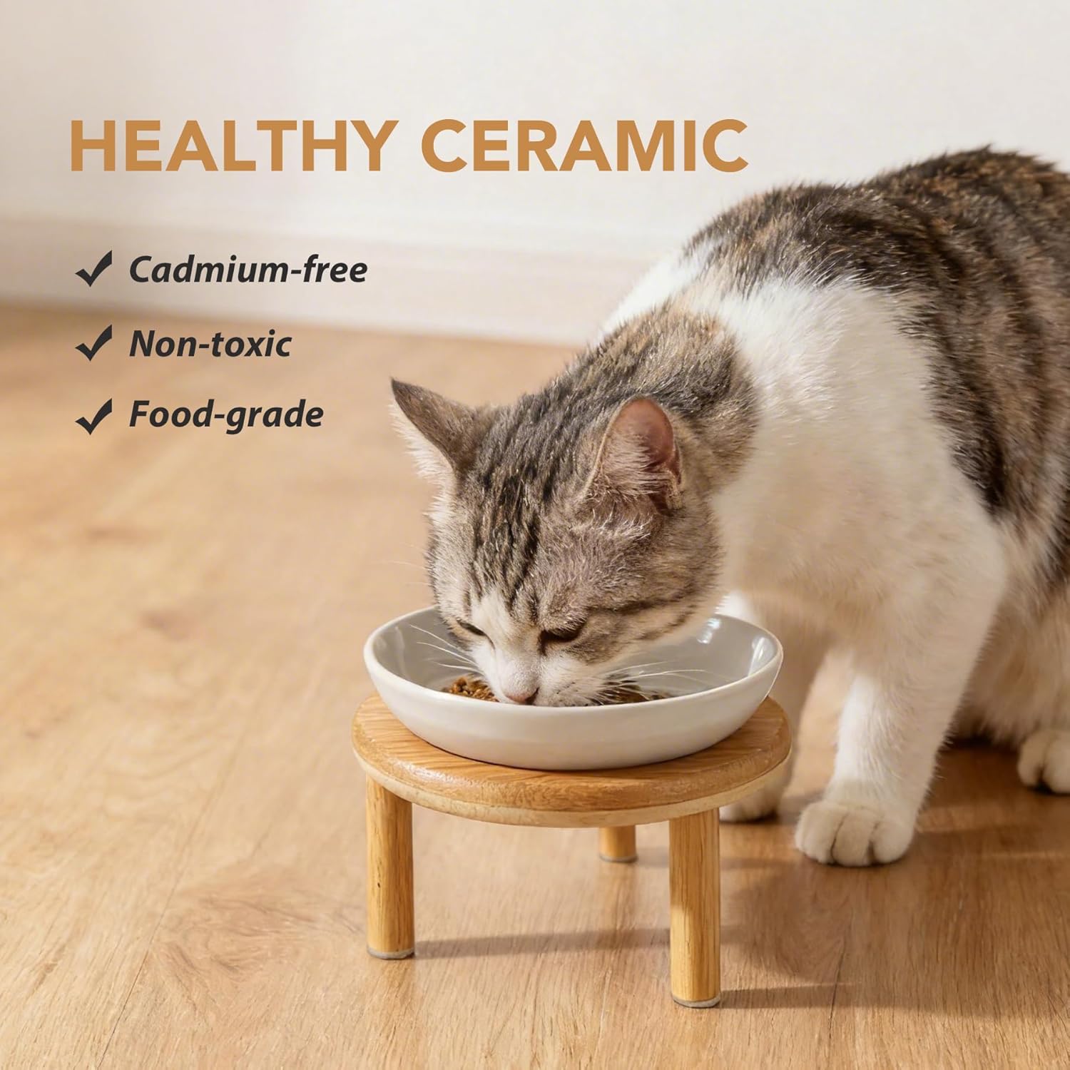 Havniva Elevated Cat Bowls Raised Ceramic Cat Dish Wide Cat Food Bowl Whisker Friendly Anti-Slip with Adjustable Stand, Shallow Pet Food & Water Dish