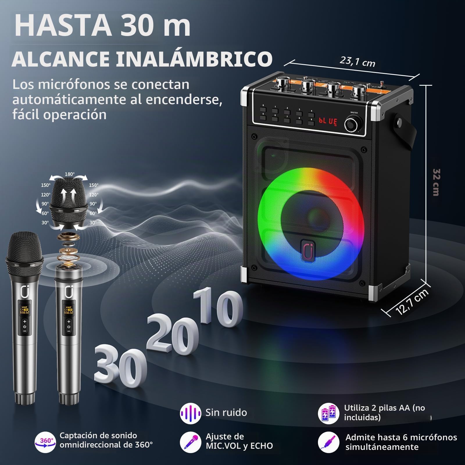 JYX Máquina de karaoke con dos micrófonos inalámbricos, ajuste de bajos/agudos y luz LED, soporte TWS, entrada AUX, radio FM, REC, suministro para fiesta/reunión/boda - negro