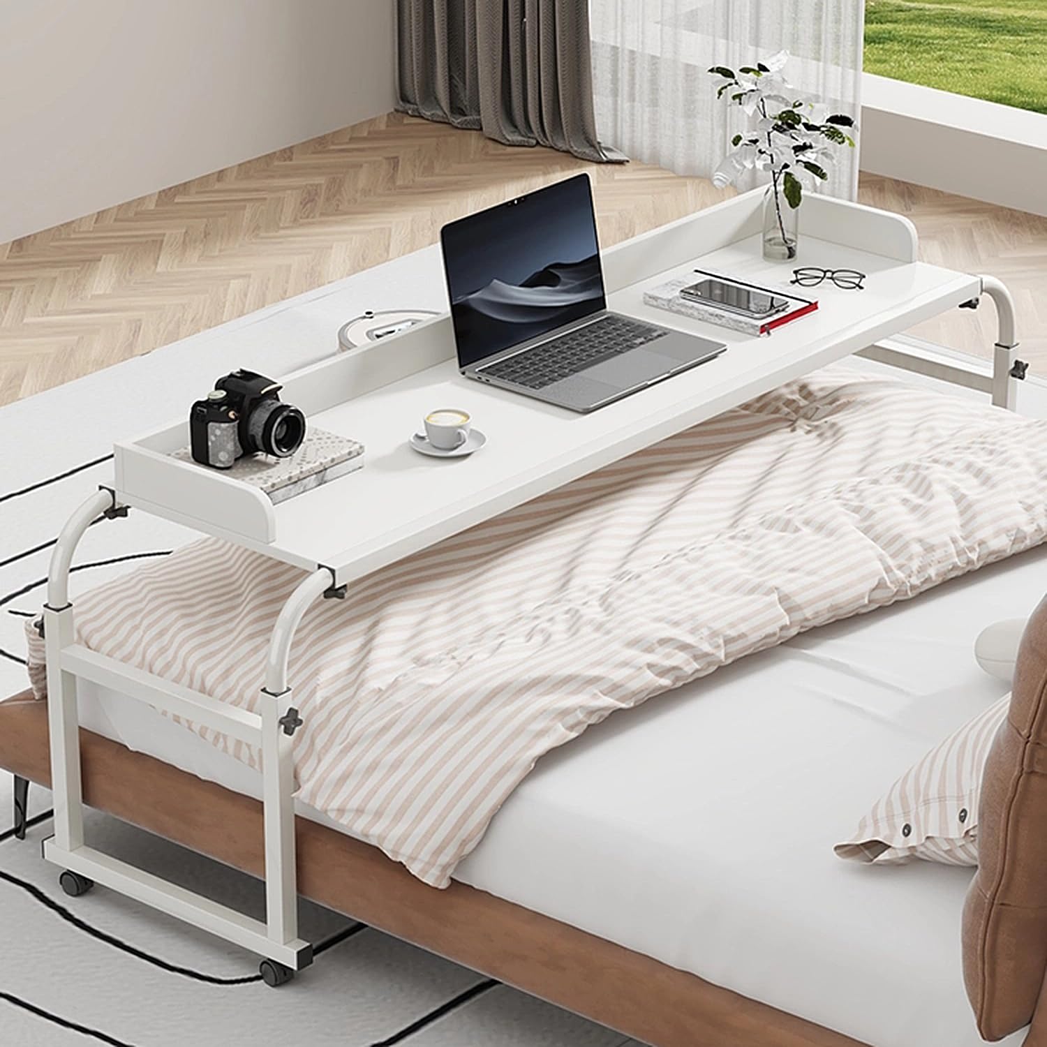 GXQFC Overbed Table Height Width Adjustable, Portable Convenient Reading Writing Desk with Wheels Laptop Cart Computer Desk for Working Dinning in Home or Hospital(Color:White)