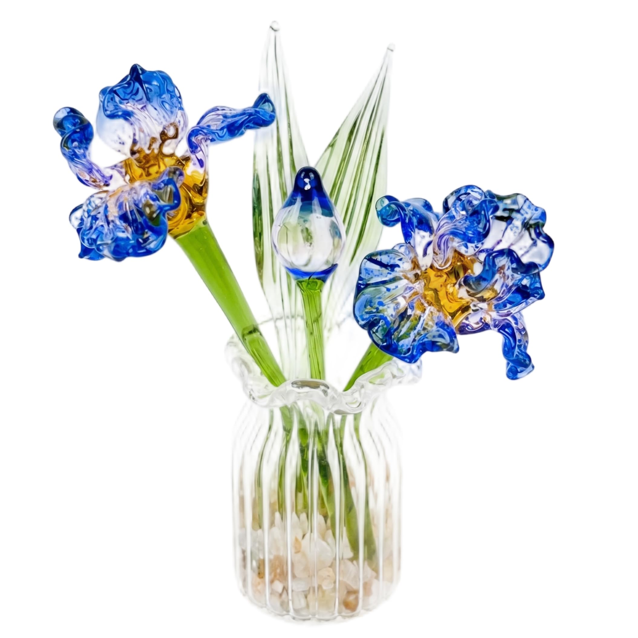 Handmade Crystal Iris Mini Glass Flowers in Vase Set, Tiny Glass Flower for Desk, Shelf, Bedside, Home Decor, Small Art, Blue