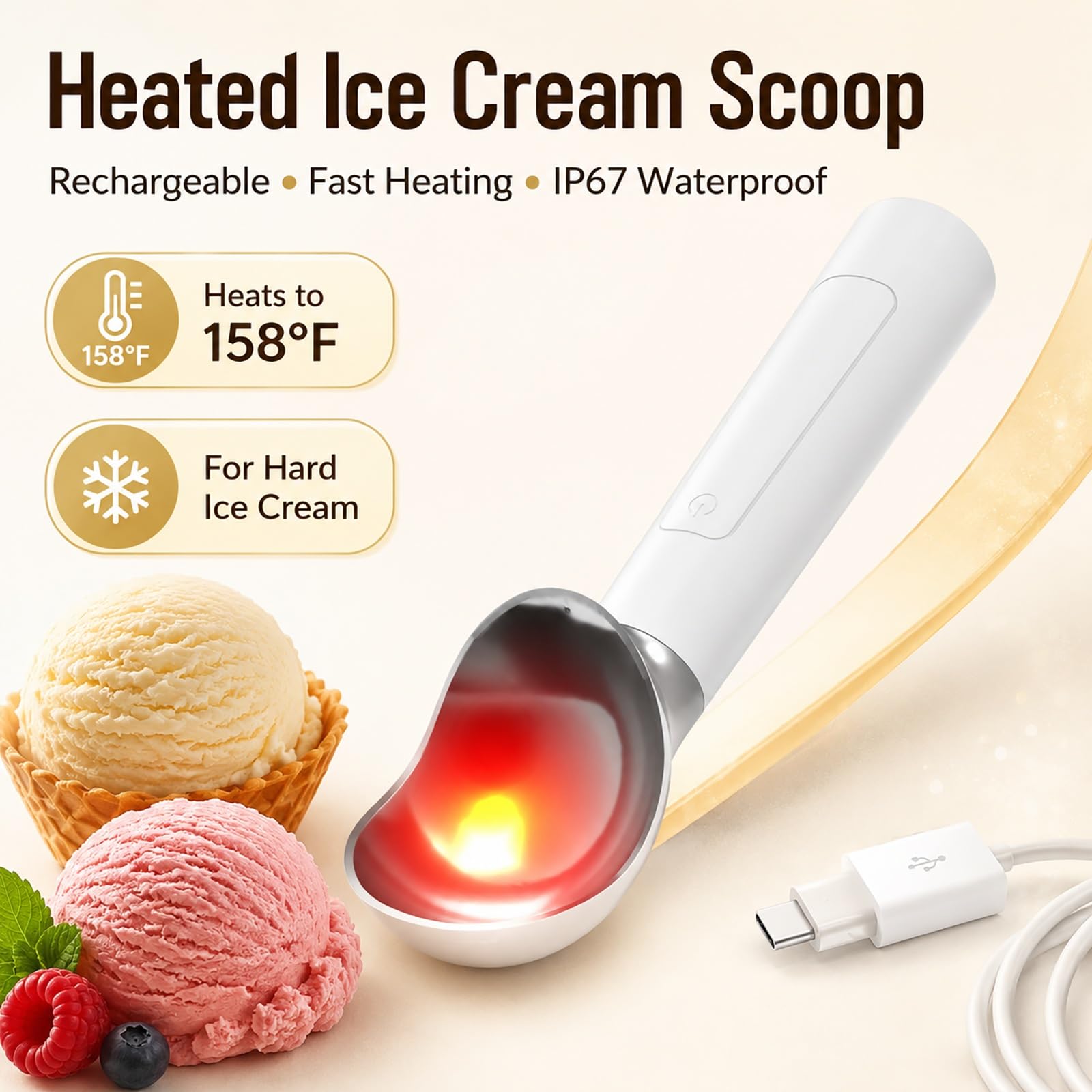 Cuillère à Glace Chauffante Rechargeable, Cuillère Électrique for Glace