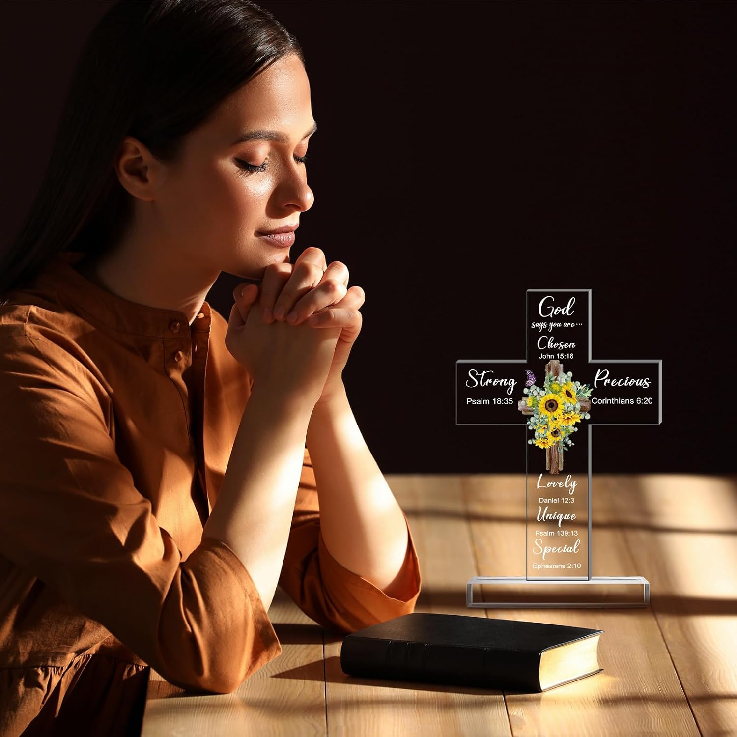 Chunful Christian Religious Gift for Women Acrylic Decorative Cross Standing Decor Jesus Catholic Bible Scripture Inspiration Gifts Cross for Mother Day Women Men Friends Coworker(Sunflower Style)