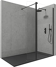 NEBADOON | Fixed Shower Enclosures with Hinged Glass – Fixed Shower Screen – 8 mm Tempered Glass – Anti-Limescale – Matt Black Profile – 70 cm (Fixed) + 40 cm (Folding) Width x 200 cm Height