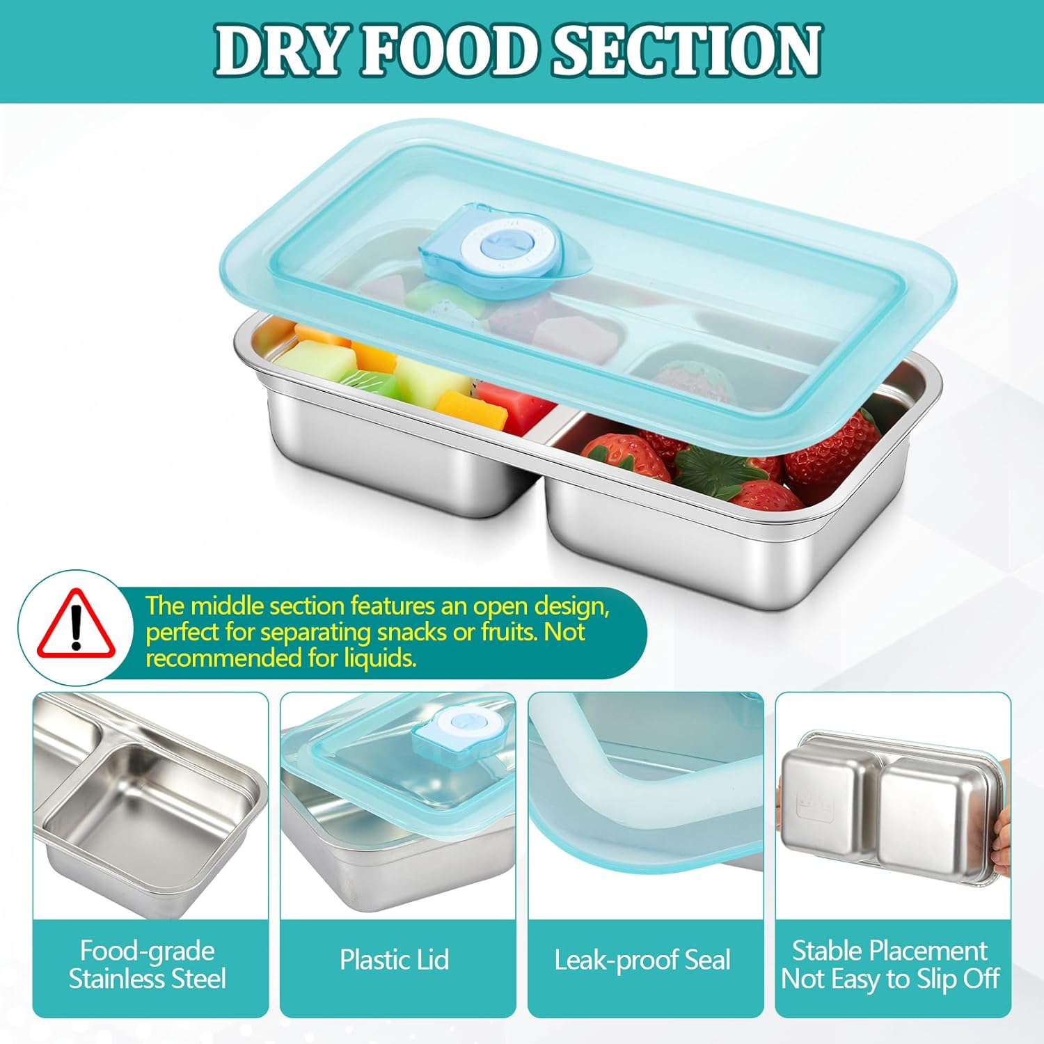 2 Pcs Stainless Steel Snack Containers, Grab and Go Snack Containers Reusable, Double Compartment Condiment with Lid Stainless Steel Food Storage for Classroom Travel and Outdoor Camping - Image 4