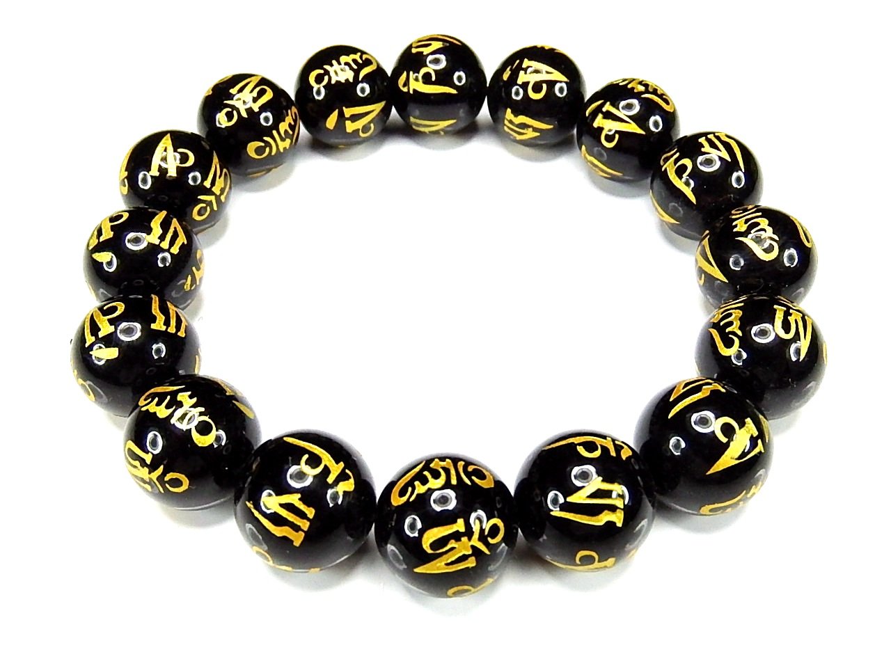 Amazon.co.jp: [石街] 梵字 六字真言 オニキス ブレスレット 金箔 14mm