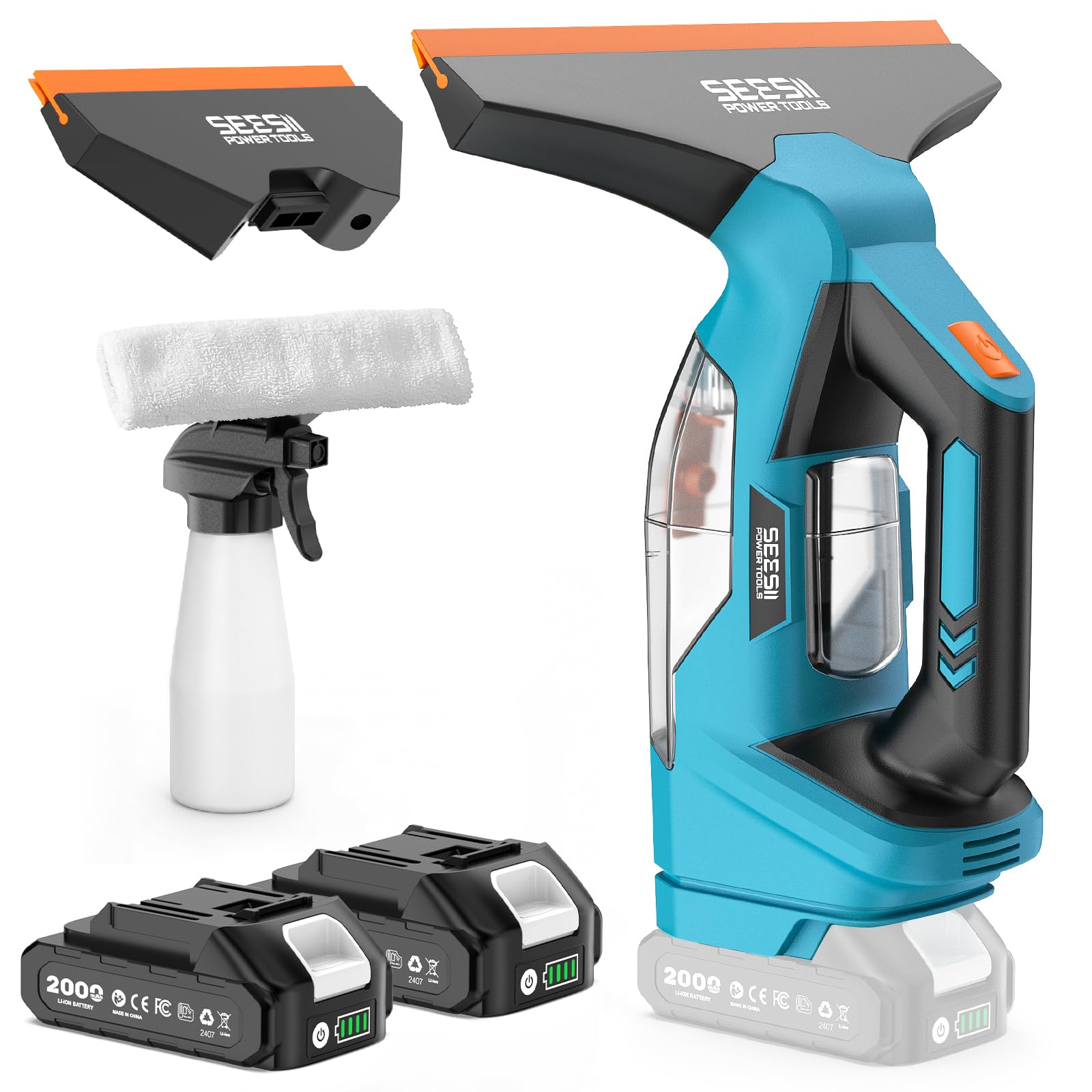 Seesii Nettoyeur de Vitres sans Fil, Autonomie 120 Min, 2 Buses d'Aspiration 28-17 cm, Aspirateur de fenêtre, Réservoir Amovible de 150 ML, Convient pour fenêtres, Carreaux et miroirs