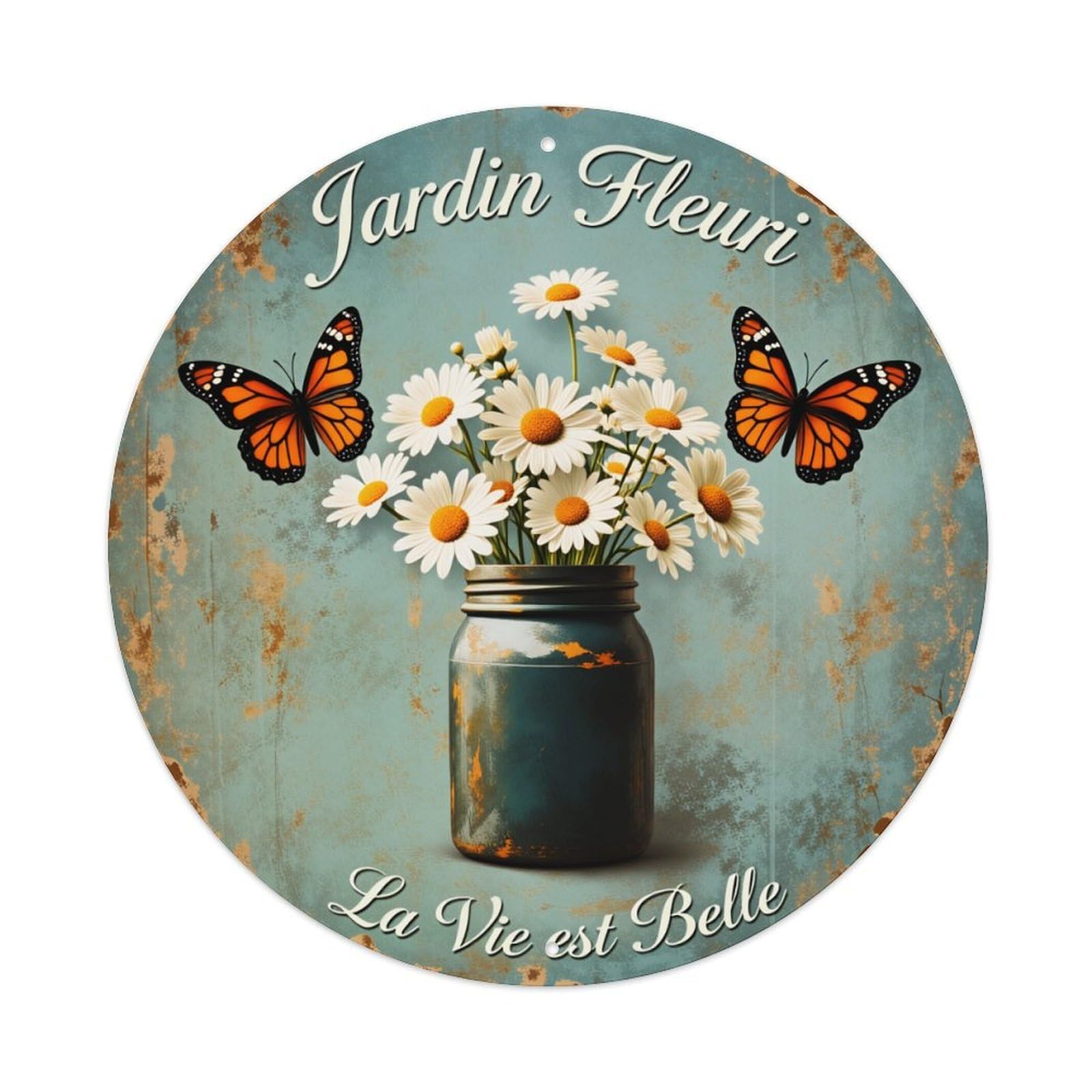 Butterfly Daisies Jar Rustic Background Vintage Style Artwork Round Vintage Tin Sign,Retro Wall Art,Metal Poster for Home, Bar, Garage, Cafe, Rustic Indoor & Outdoor Decor, 8x8 Inches