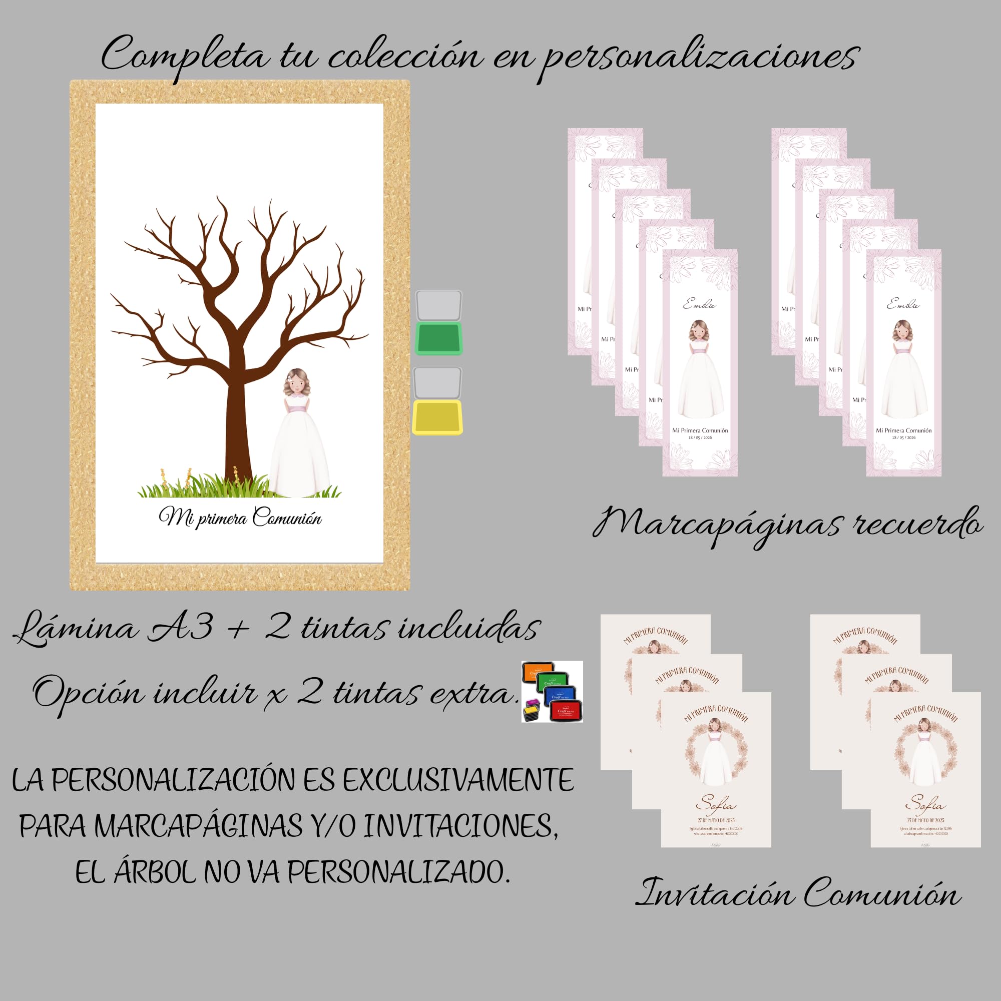 Eedama Decor Arbol de huellas comunión | lámina A3 diferentes modelos | Árbol huellas dactilar | Alternativa libro de firmas Primera Comunión | Pack con tintas incluidas (niña rubia) — view 3