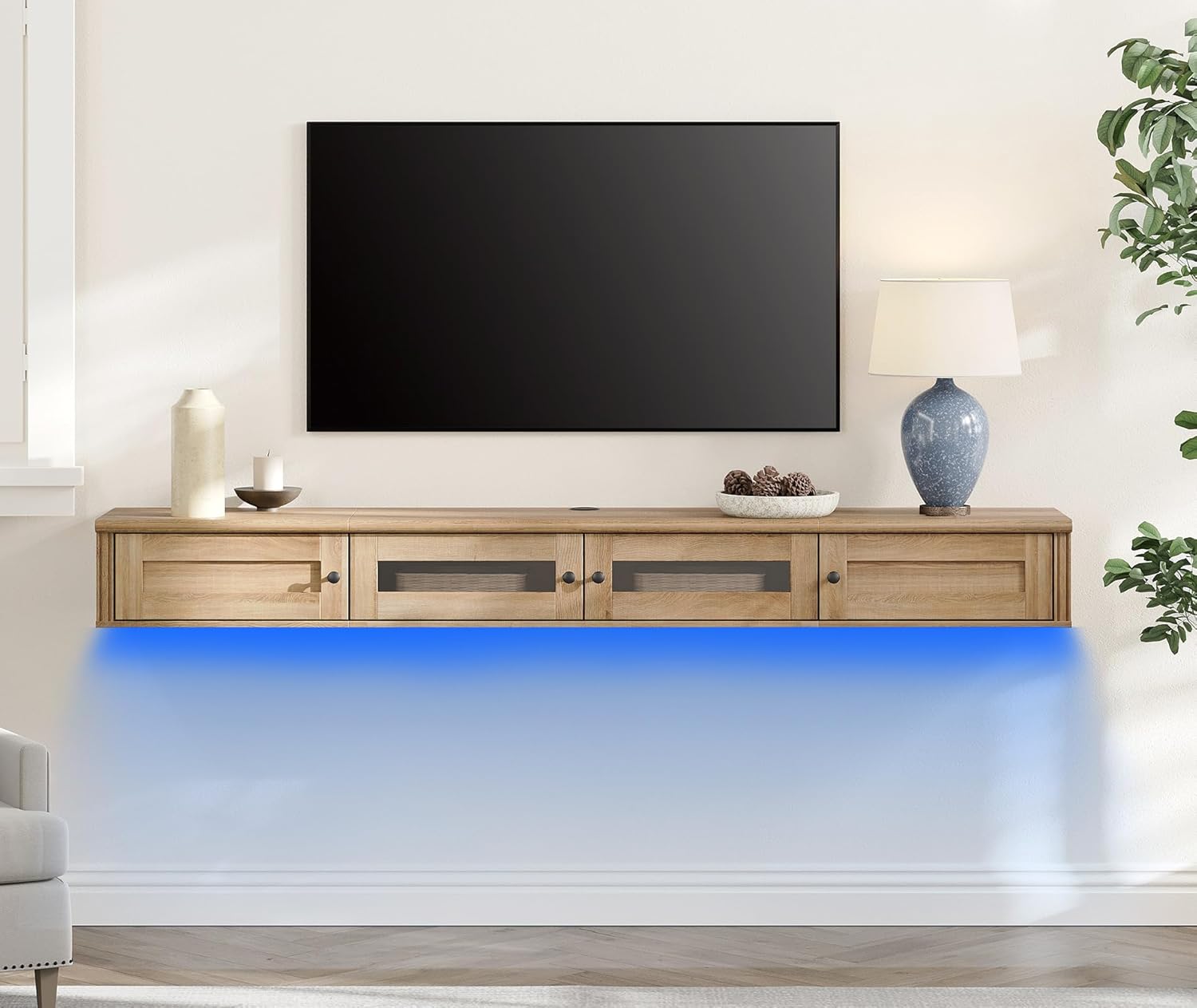 WAMPAT Farmhouse Floating TV Stand with Charging Station, Wall-Mounted Glass Entertainment Center with LED, Modern Floating Shelf for TVs up to 80 Inches, Oak