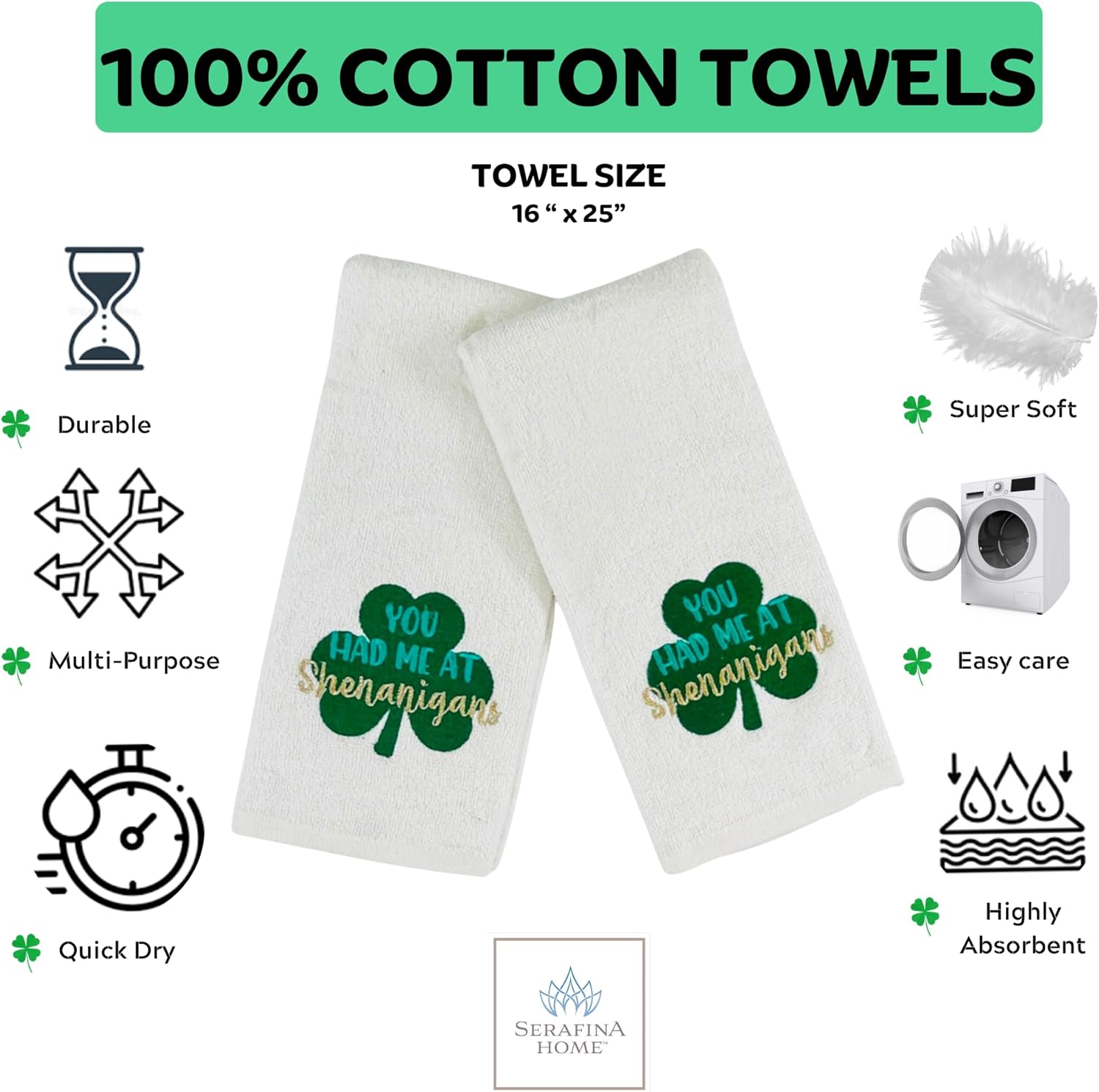 Serafina Home St. Patrick's Day Irish Hand Towels: Green Shamrock Clover Shenanigans Embroidery and Applique, 100% Cotton, White
