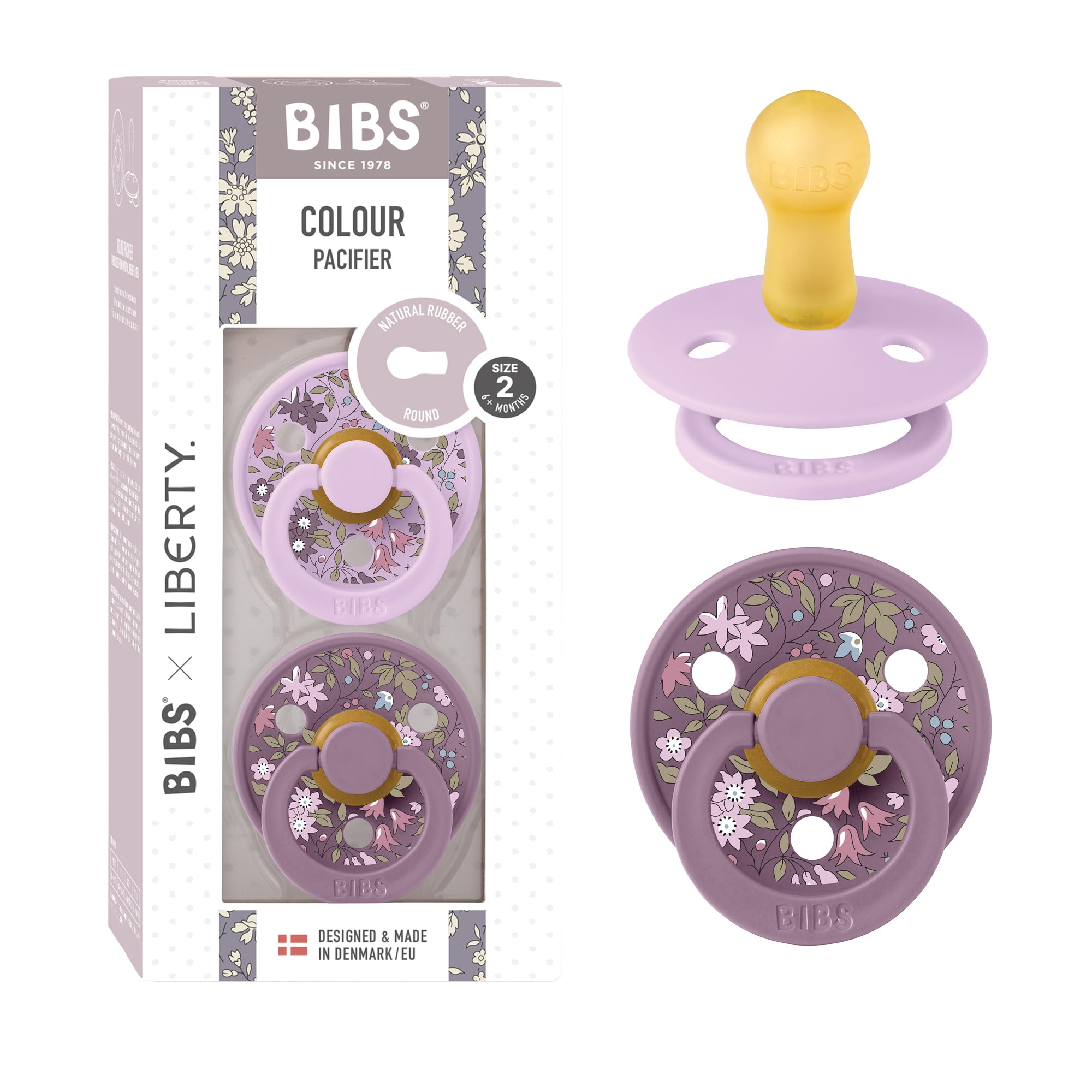 BIBS Colour Liberty Soother (2-Pack) — BPA Free Dummy Pacifier, Round Nipple. Natural Rubber Latex, Made in Denmark, Size 2 (6-18 Months), Chamomile Lawn Violet Sky