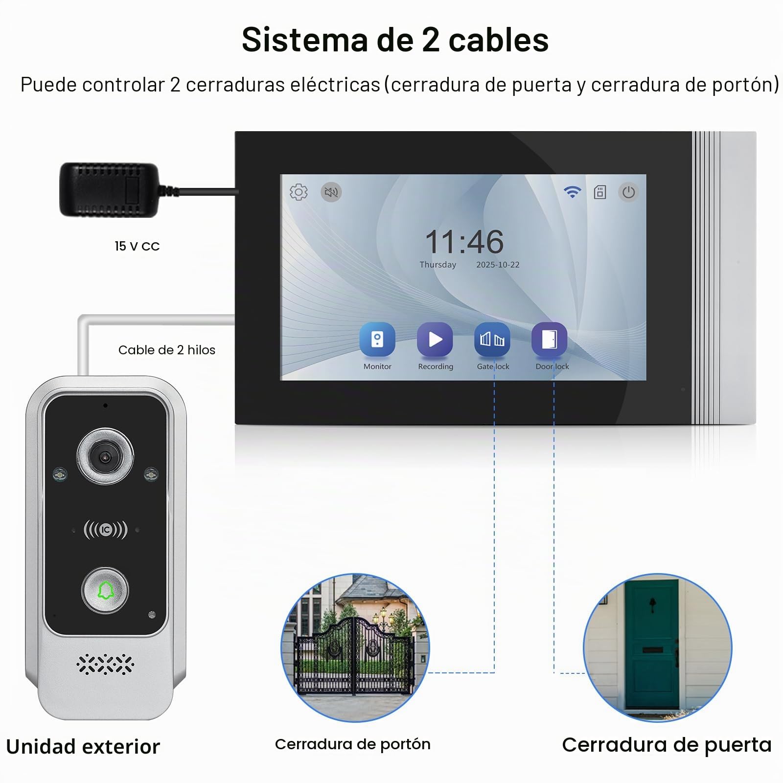 Sistema de Videoportero con Timbre WiFi de 2 Cables, Cámara HD 1080P con Pantalla Táctil Color de 7 Pulgadas, Visión Nocturna, Grabación, Tarjeta RFID/App Tuya Desbloqueo Remoto
