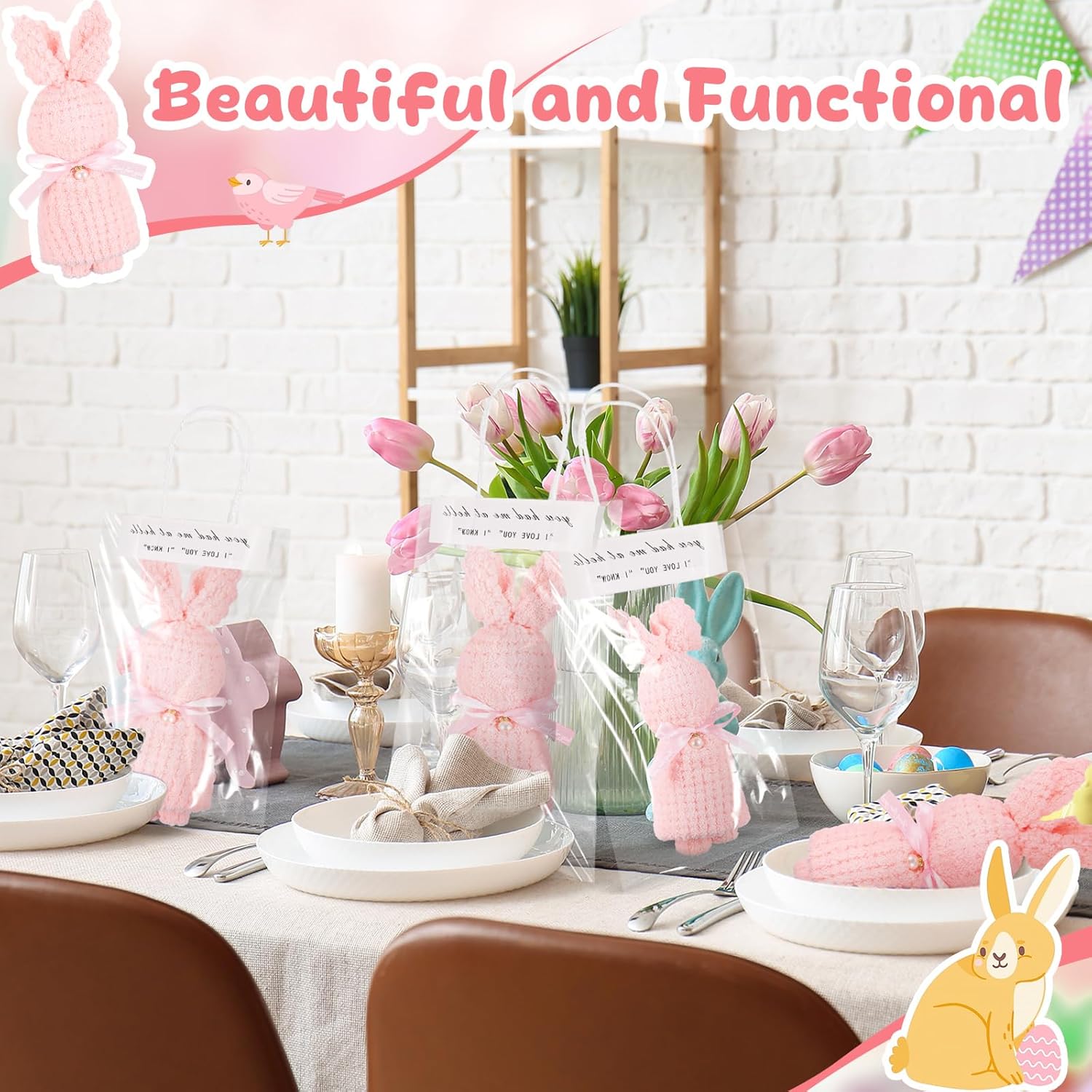 VitalCozy 24 Set Easter Party Favors Bunny Towels Coral Fleece Easter Hand Towels with Bags for Spring Baby Shower Wedding Birthday Baptism Souvenirs Gifts Bathroom Kitchen(Pink)