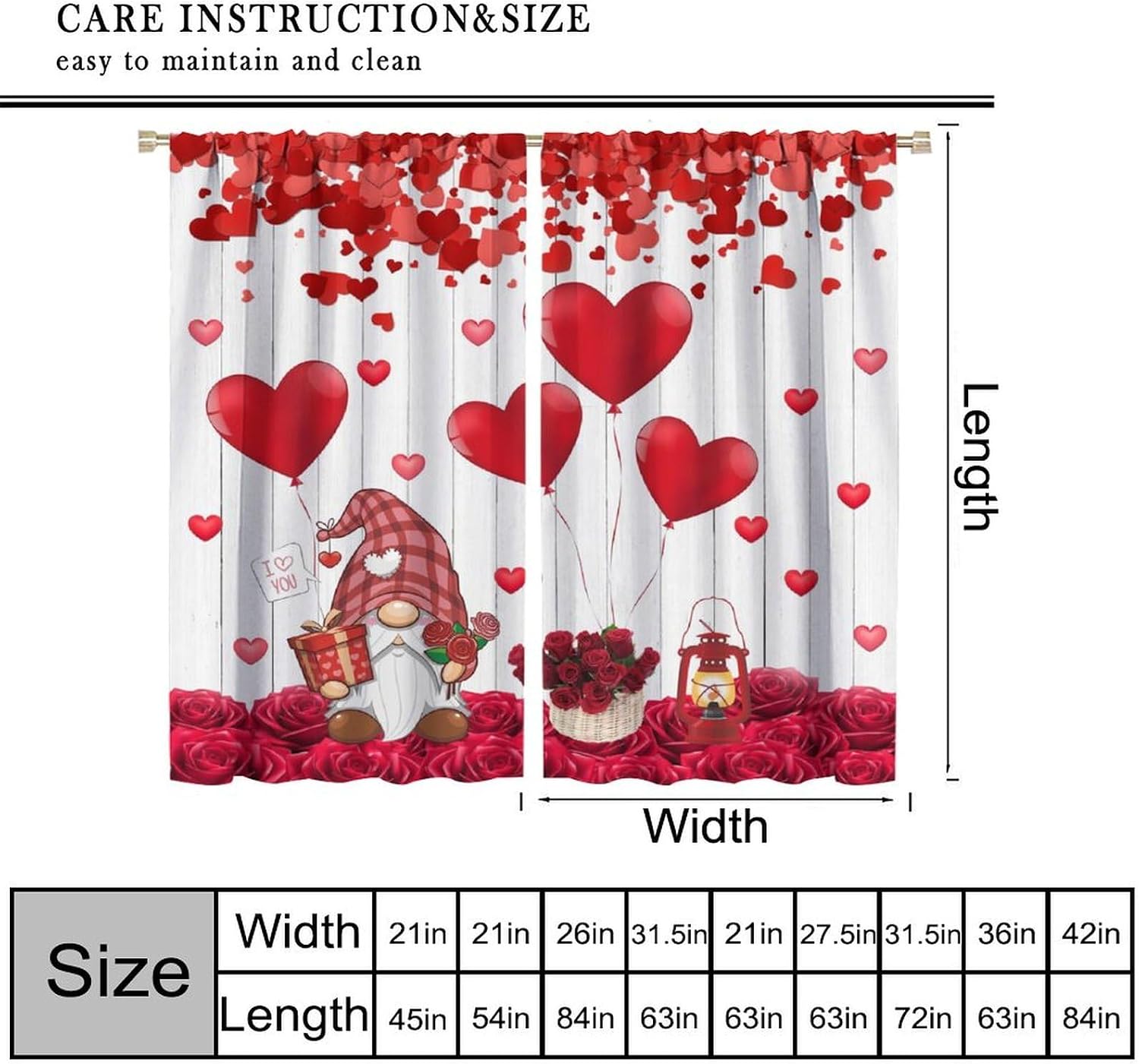 Roses Curtains, Rose Romantic Farmhouse Cute Gnomes Window Treatments, Rod Pocket Thermal Insulated Drapes 2 Panel Sets for Bedroom Living Room, 42" W X 45" L【Decor】