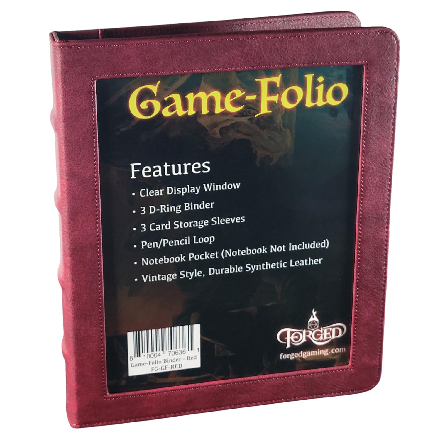Forged Dice Co. Game-Folio PU Leather Portfolio Binder - Gaming Binder for DND Character Sheets with DND Spell Cards Organizer and Clear Front Pocket - Compatible with Dungeons and Dragons RPG - Red
