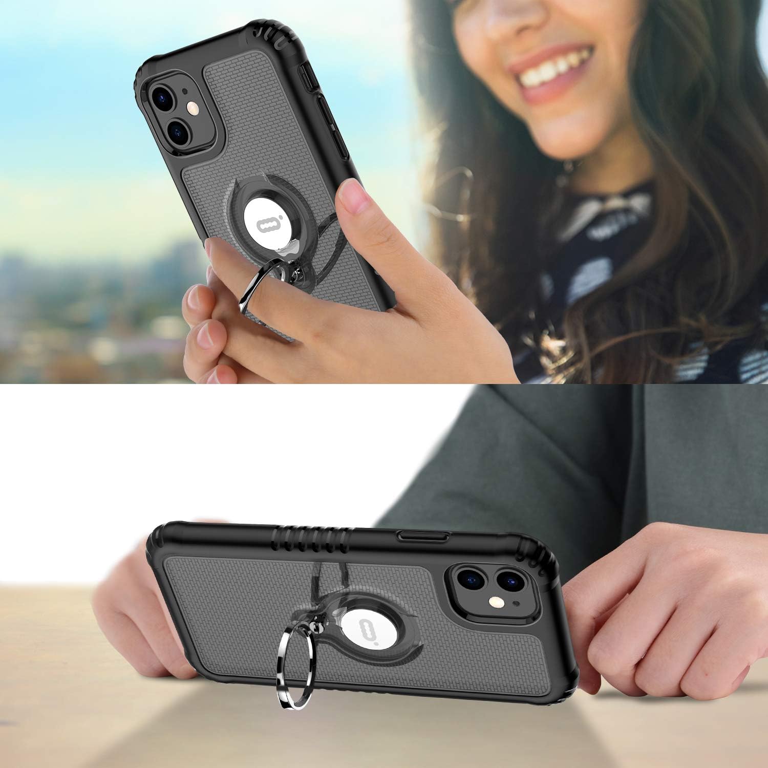 ICONFLANG Compatible with Phone Case for iPhone 11 with Ring Kickstand Shock Resistance Transparent Protection case [Compatible Magnetic Car Mount Holder] 6.1inch (Transparent Black)