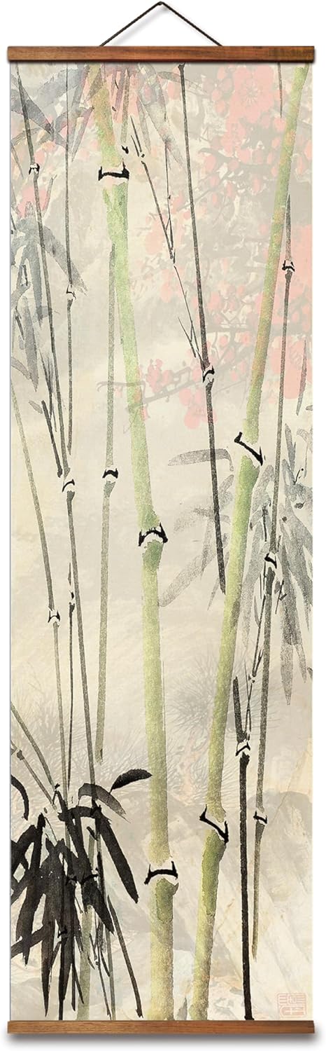 jszip Chinese Freehand Bamboo Forest artwork, Pine Cranes Wall Art Scroll Paintings, Set of 4, Black Walnut