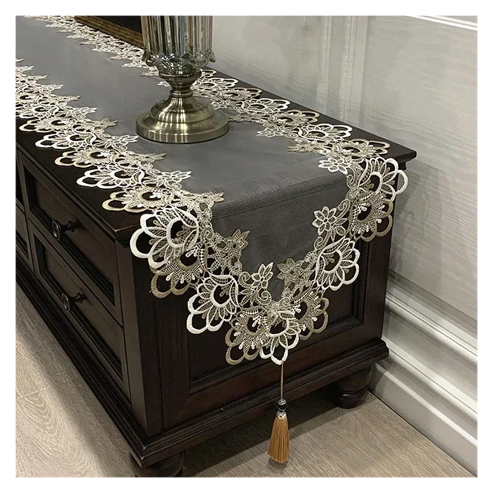 Oval Table Runner Embroidered Lace Table Runner TV Stand Table Cloth Lace Pendant Tassels Flag Christmas Table Cloth for Dresser (01 Color, 40x100cm)