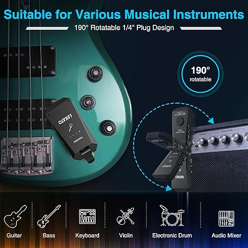 Miniatura 4 de LEKATO Sistema de guitarra inalámbrico de 5.8 G, receptor transmisor de guitarra inalámbrico recargable actualizado, batería de 8 horas de duración