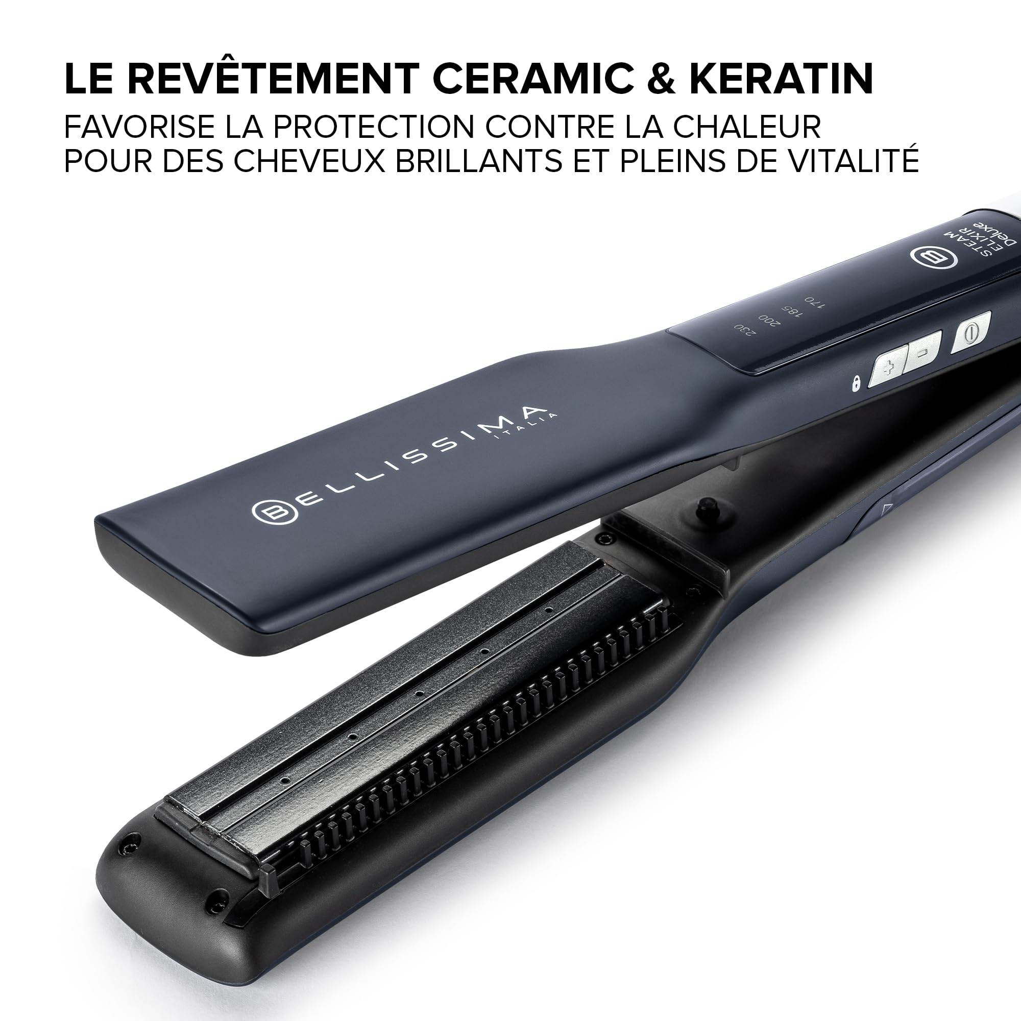 Bellissima Fer à Lisser Steam Elixir Deluxe - Fer à Vapeur Professionnel Pour Rendu Lisse ou Ondulé - Lisseur Vapeur Avec Plaques en Céramique et Kératine Cheveux Protégés, Doux et Lumineux