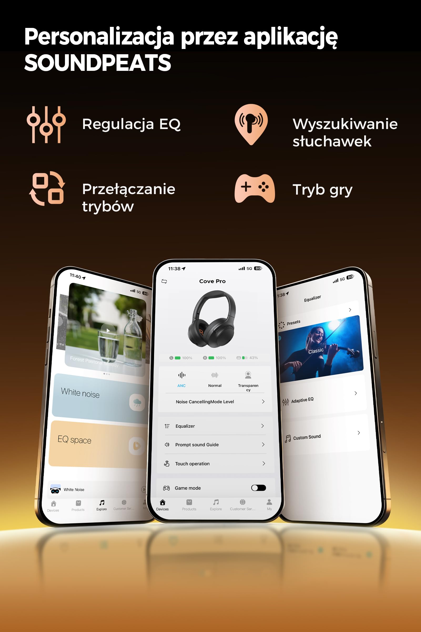 SOUNDPEATS Cove Pro Hybrid Słuchawki Nauszne z Aktywnym Tłumieniem Hałasu 7 Mikrofonów, Bezprzewodowe Słuchawki Bluetooth 6.0, Podwójny Certyfikat Hi-Res z LDAC, 95H Odtwarzania, Nastawny EQ