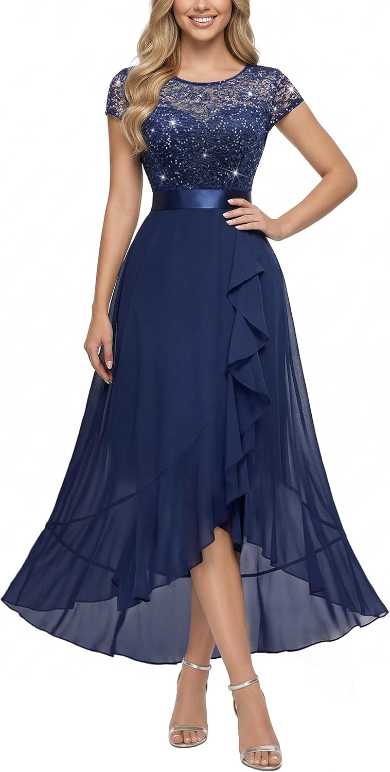 Miusol Women's Scoop Neck Sequined Floral Lace Ruffle Wedding Party Long Dress