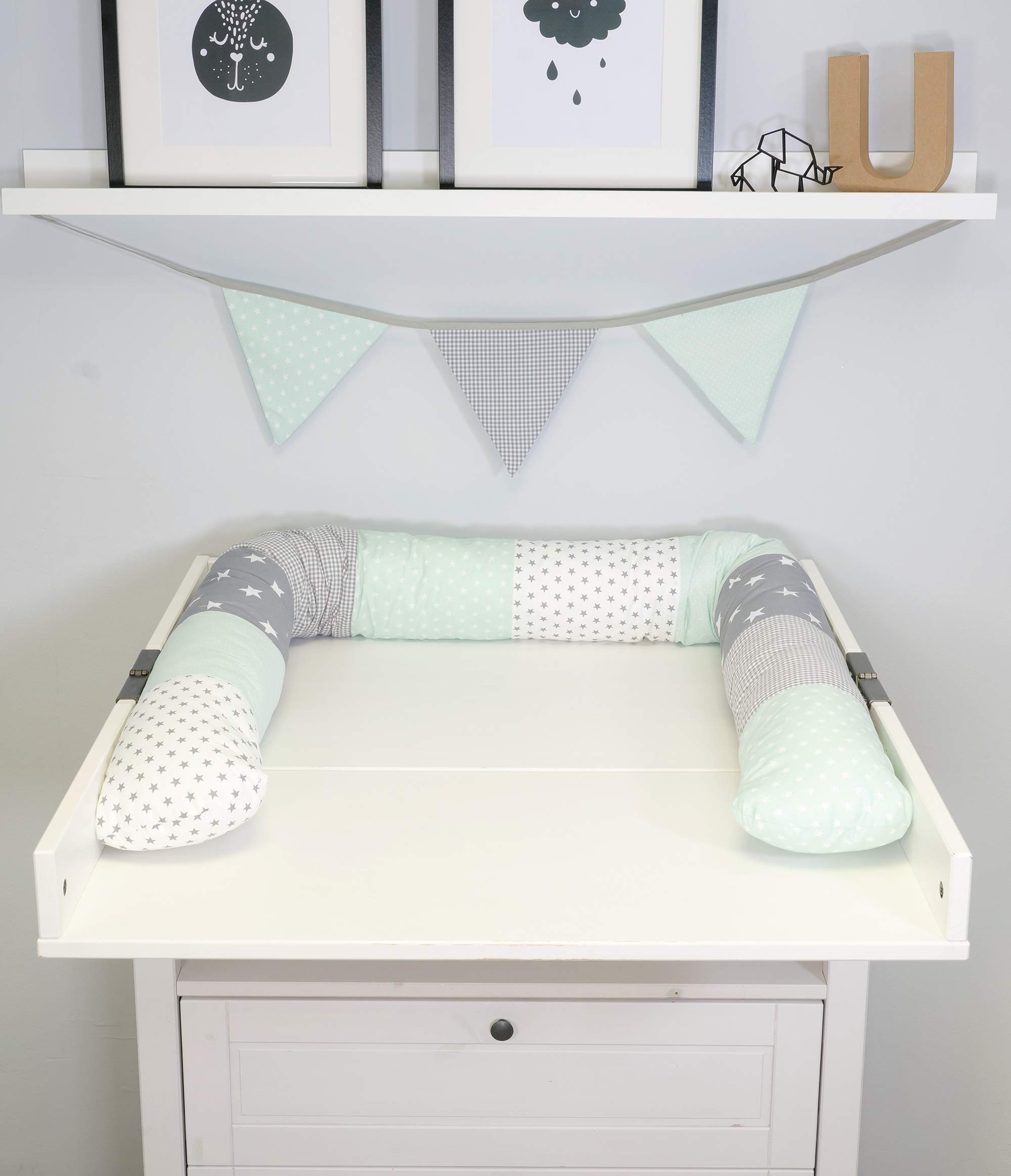 Paracolpi ULLENBOOM ® in verde menta, grigio (paracolpi cilindrico 200x13 cm, ideale per coprire gli spigoli e supportare i neonati)