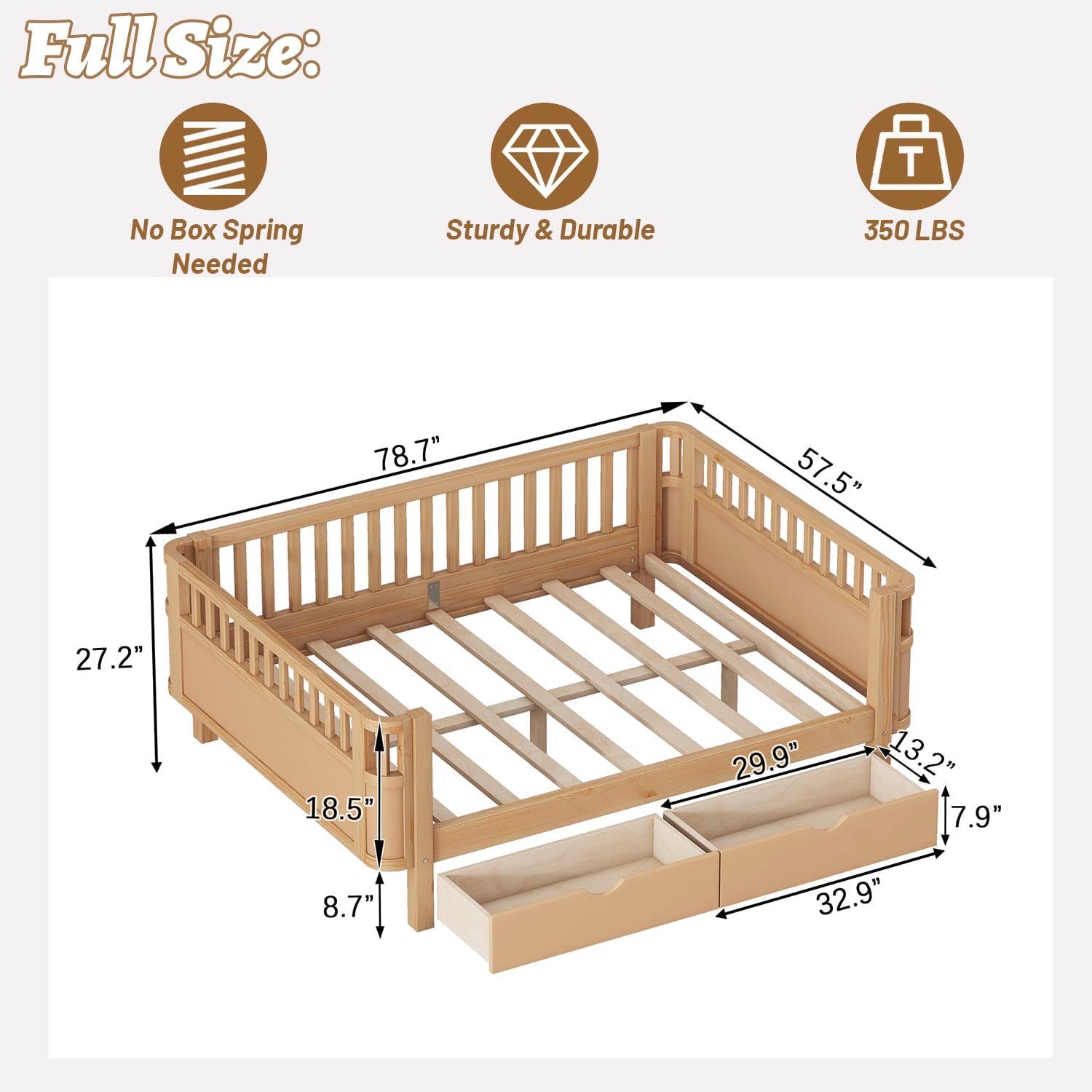 Full Size Kids Bed Frame, Low Profile Montessori Bed Full with Rails, Wood Daybed with Storage Drawer for Girls & Boys, No Spring Box Required, No Squeaks, Natural