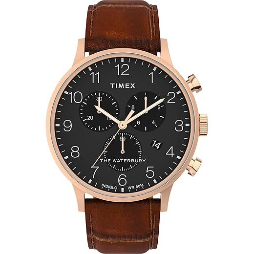 Timex Men's Waterbury Classic 40mm Watch - Brown Strap Black Dial Rose Gold-Tone Case