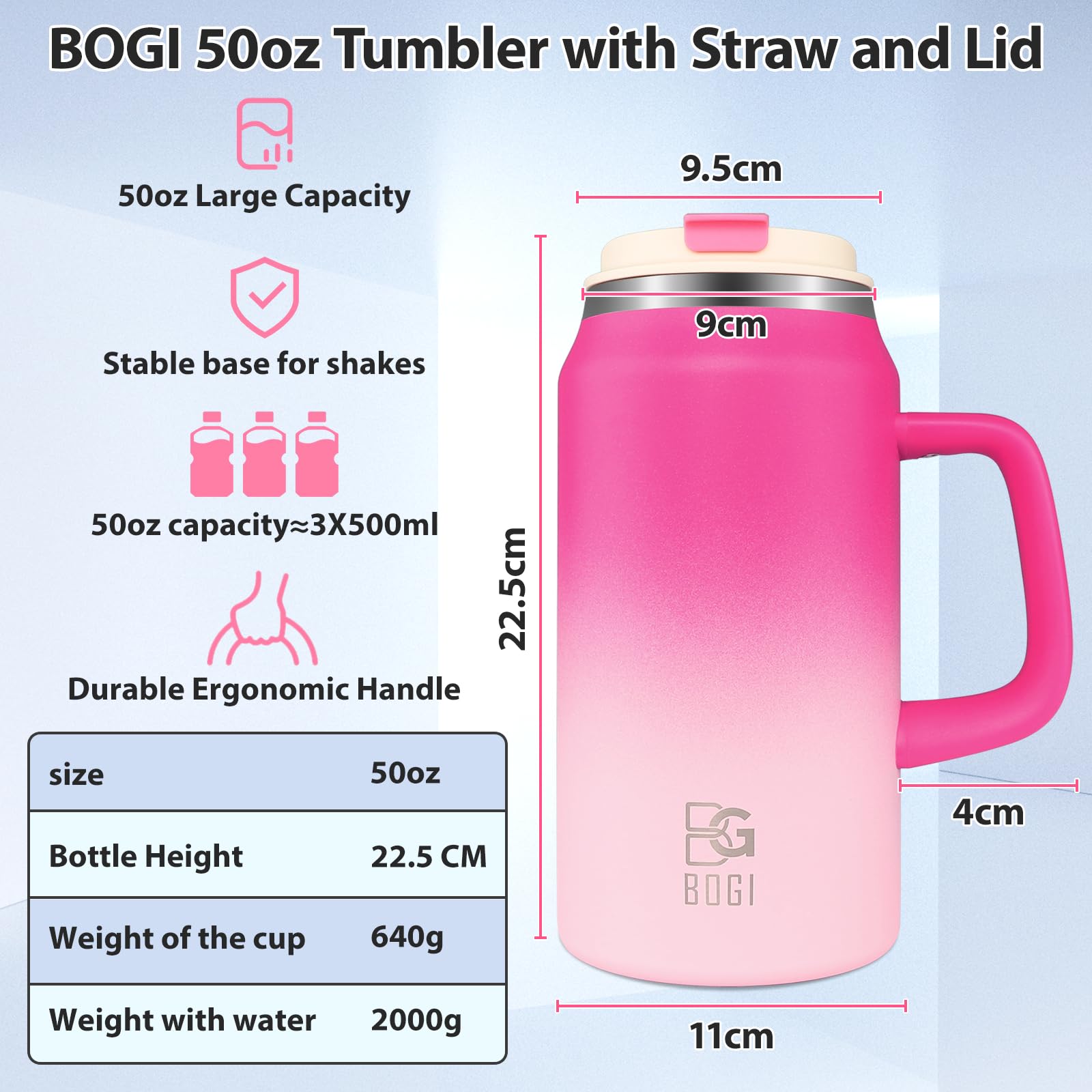 BOGI 50oz Tumbler with Straw and Lid,Large Capacity Travel Mug with Handle Insulated Stainless Steel Water Bottle Cup Keep Cold and Hot for Tea Coffee Leak-Proof - Image 2