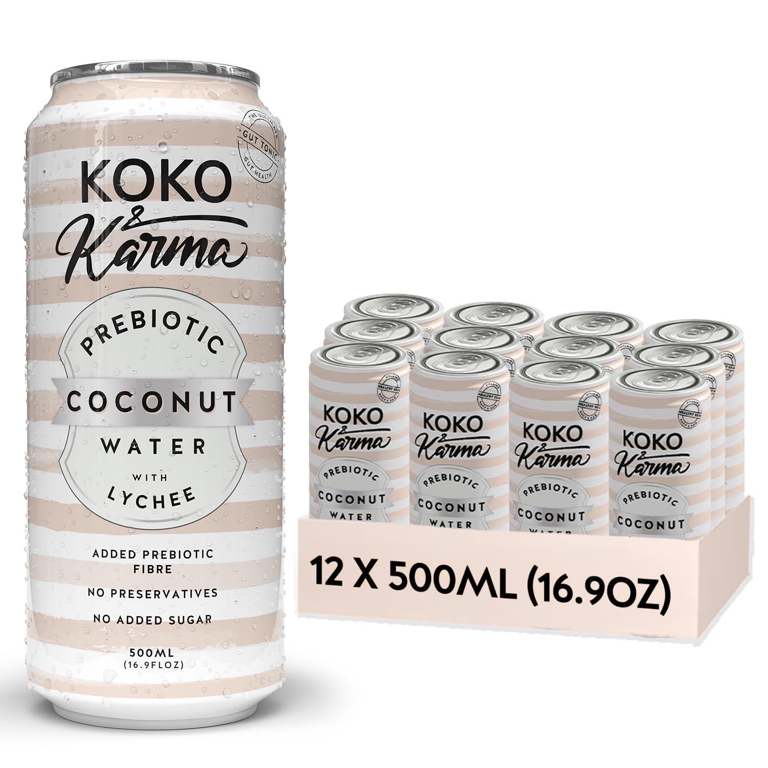 Koko & KarmaPrebiotic Coconut Water with Lychee – All Natural with No Added Sugars, Pure Coconut Water & Lychee Juice – 12 Pack - 16.9 Ounce Cans