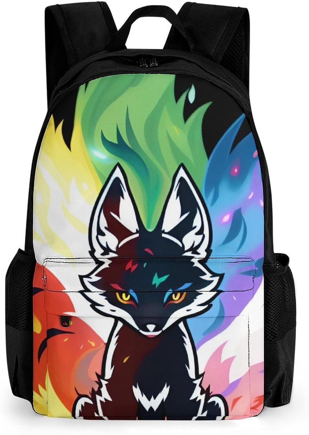 Polyester Daypack for Camping Travel Walking Cycling - Big Capacity Anti-Theft Multipurpose Bookbag, Elemental Fox Kitsune Colorful Lighting Art Camping Outdoor Backpack