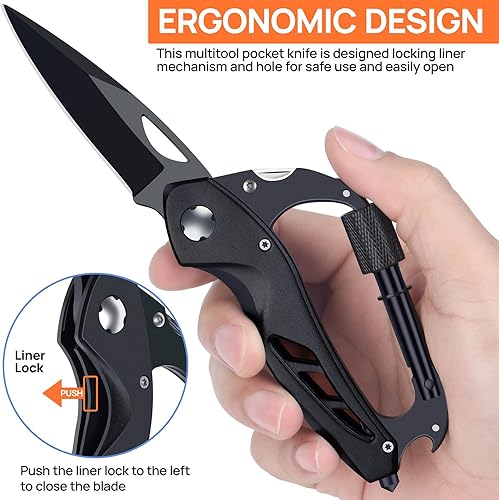 Miniatura 7 de Mosquetón multiherramienta con cuchillo de bolsillo, regalo para hombres, él, papá, marido, multiherramienta 6 en 1 con mosquetón EDC, abridor de