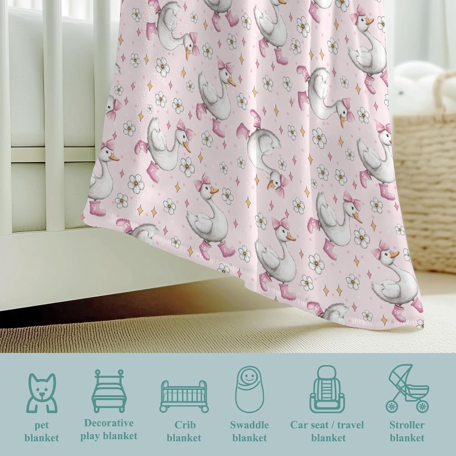 Cute Geese Boot Bows Pink Baby Boy Girl Blankets Spring Daisy Floral Flannel Farm Animal Fleece Blanket for Kids Infant Newborn Breathable Toddler Crib Bedding Geese 40x50inch