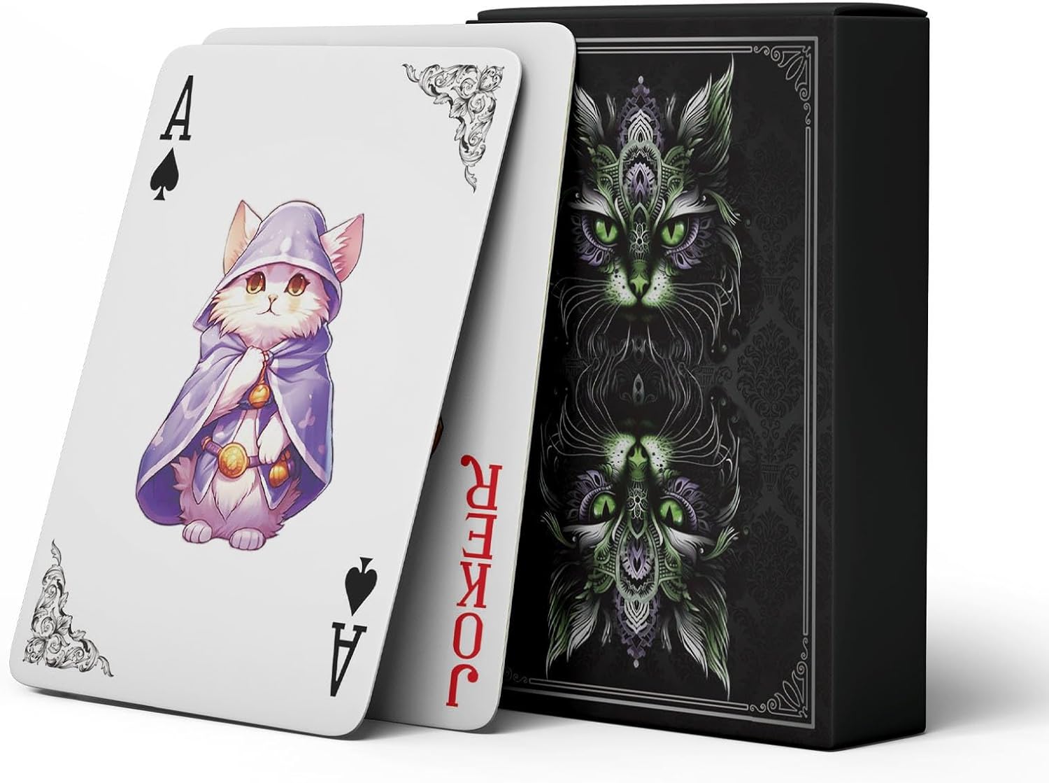 The World of Cats Themed Playing Cards, 54 Unique Designs Deck of Cards, Poker Cards, International Standard Size, Suitable for Travel, Party Entertainment, (Green)