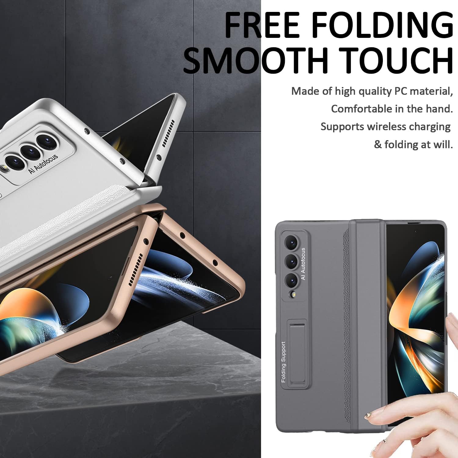 Miimall for Samsung Galaxy Z Fold 4 Case with Magnetic Hinge Protection, Ultra-Thin Hard PC Bumper Cover with Built-in Adjustable Kickstand All-Inclusive Case for Samsung Galaxy Z Fold 4 5G (Grey)