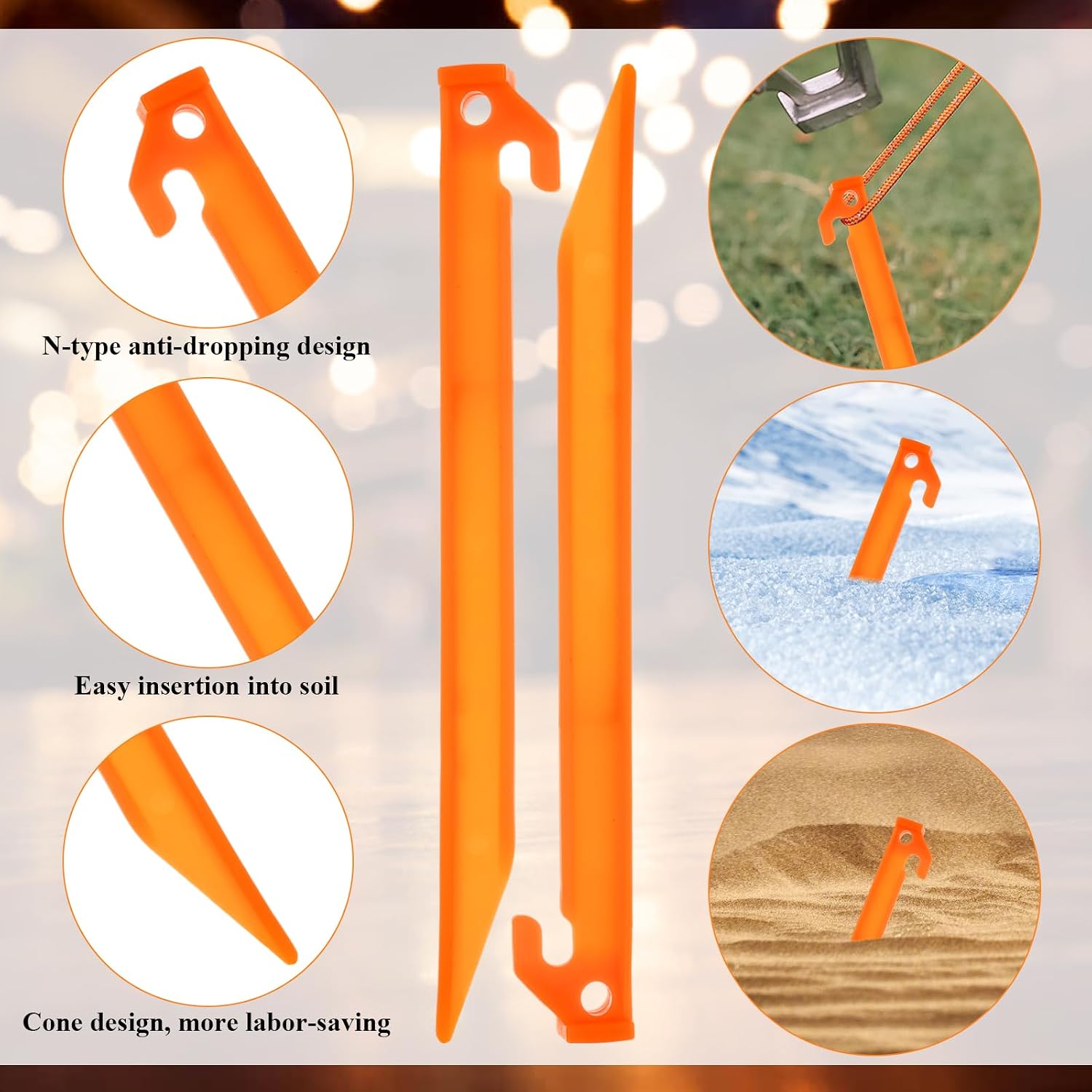 WOPPLXY 80 Pcs Plastic Tent Stakes - 9 Inch Tent Stakes Heavy Duty Tent Pegs Canopy Stakes Spike Hook, Plastic Stakes Awning Camping Pegs for Camping Outdoor Sand Beach Garden Lawn Stake(Orange)