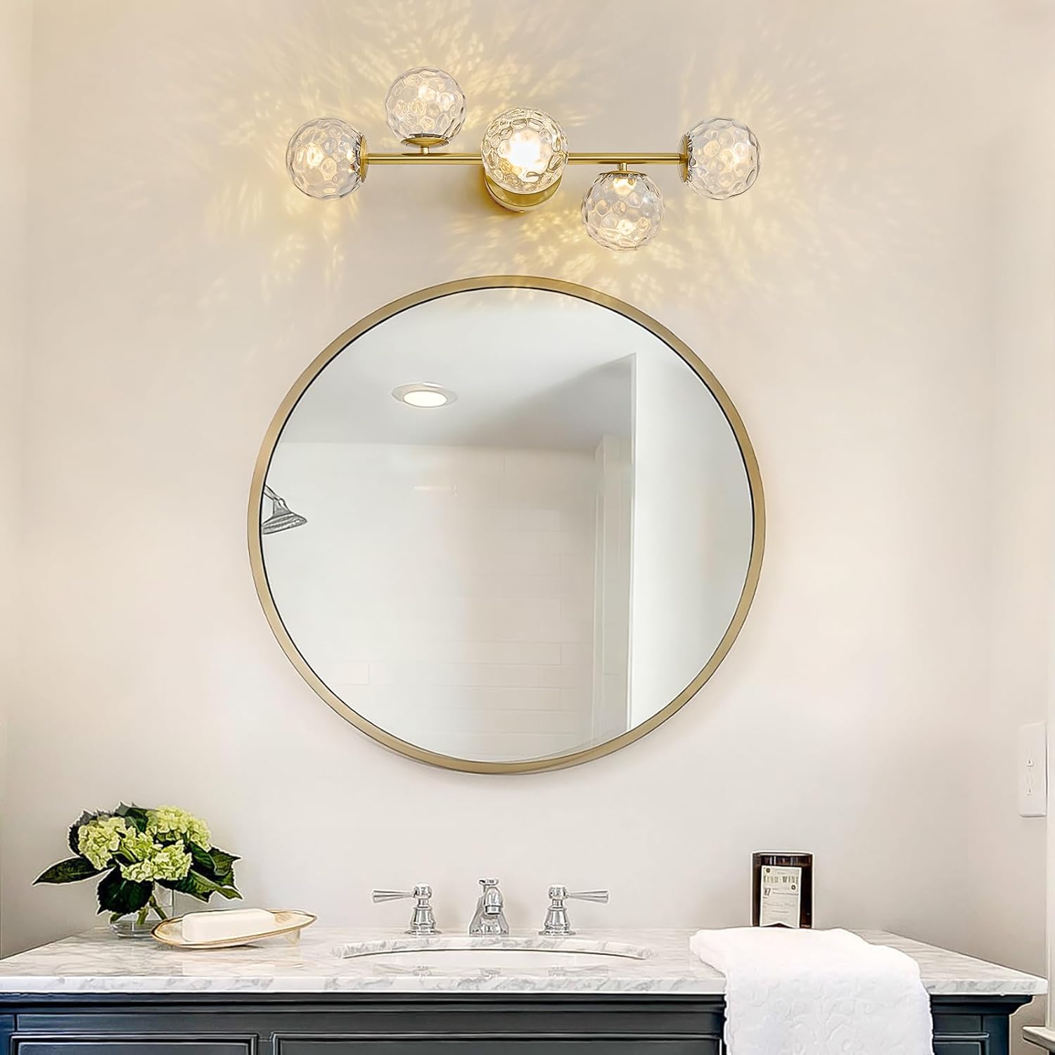 Gold Bathroom Vanity Light Fixtures: 5-Light Hammered Clear Glass Globe Light Fixture Bathroom Wall Sconce over Mirror - Mid Century Modern Gold Dimmable LED Brushed Brass Vanity Lighting Sconces