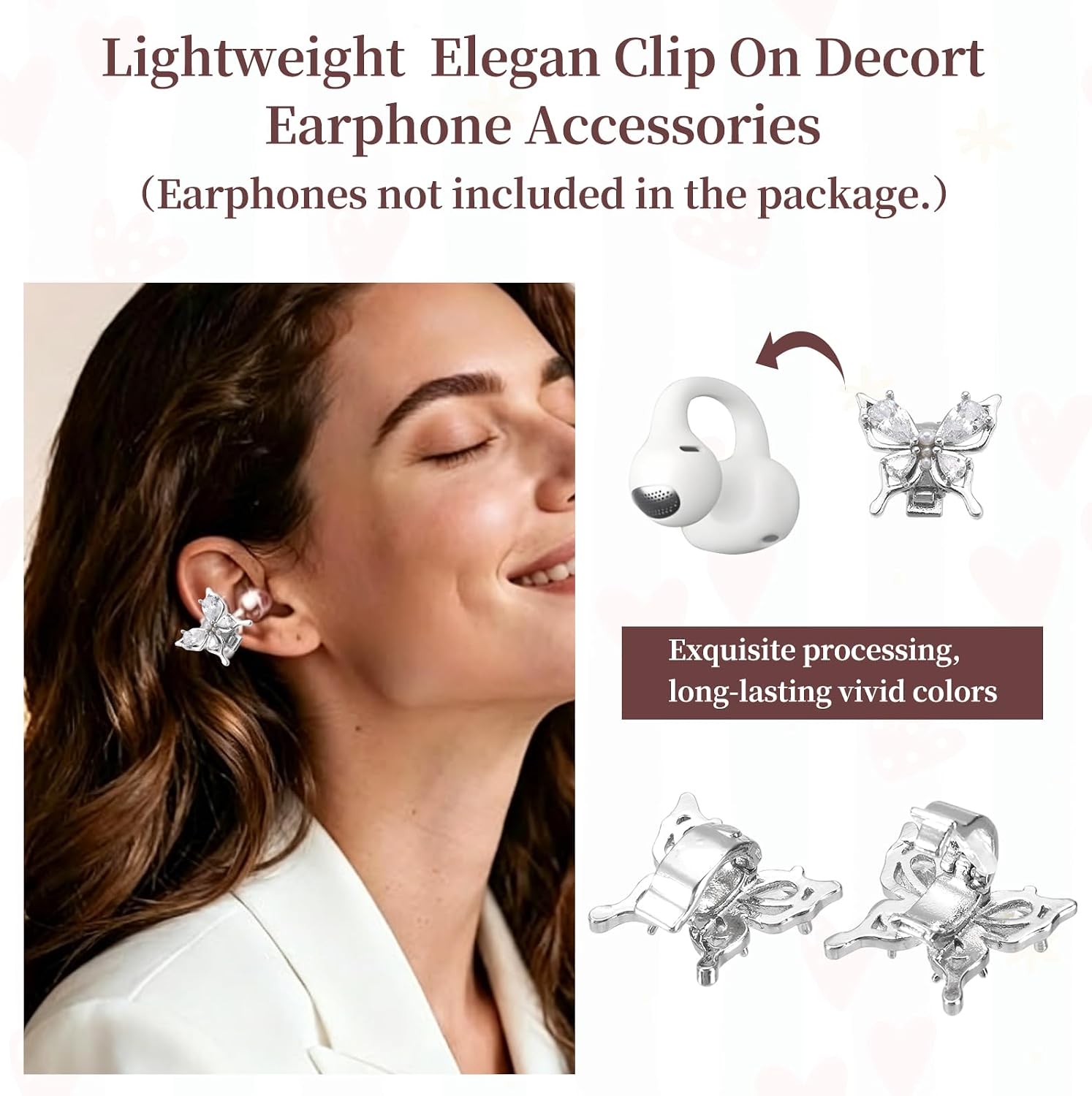 Clip on Earbuds Open Ear Accessories - Silver Bow Lightweight Elegant Clip on Decorative Earphone Accessories for Wireless Earbuds, Removable Exquisite DIY Decoration image 4