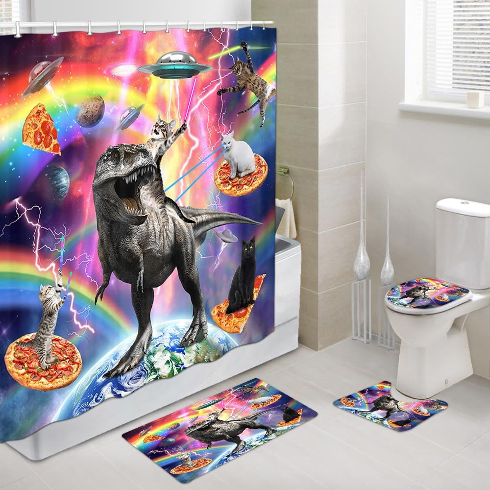 Funny Cat Bath Rugs, Kids Cool Cat Riding Cute Dinosaur on Outer Space Universe Fantasy Galaxy Hilarious Bathroom Accessories Sets Non-Slip Mats, Bath Curtains Bath Mats and Toilet Lid Seat Cover